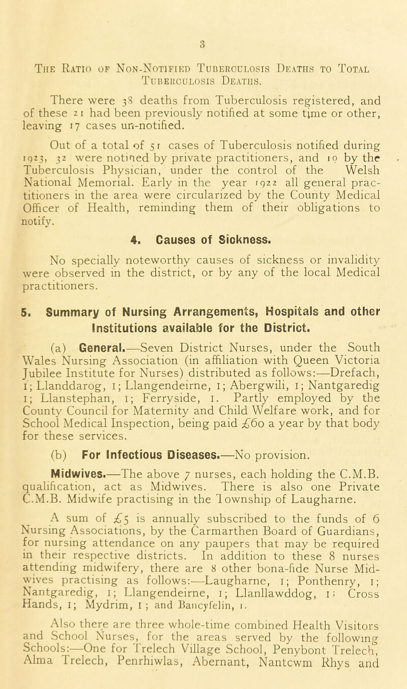 The Ratio of Non-Notified Tuberculosis Deaths to Total Tuberculosis Deaths. There were 38 deaths from Tuberculosis registered, and of these 21 had been previously notified at some time or other, leaving 17 cases un-notified. Out of a total of 5r cases of Tuberculosis notified during 1 q23, 32 were noticed by private practitioners, and 19 by the Tuberculosis Physician, under the control of the Welsh National Memorial. Early in the year 1922 all general prac- titioners in the area were circularized by the County Medical Officer of Health, reminding them of their obligations to notify. 4. Causes of Sickness. No specially noteworthy causes of sickness or invalidity were observed in the district, or by any of the local Medical practitioners. 5. Summary of Nursing Arrangements, Hospitals and other Institutions available for the District. (a) General.—Seven District Nurses, under the South Wales Nursing Association (in affiliation with Queen Victoria Jubilee Institute for Nurses) distributed as follows:—Drefach, 1; Llanddarog, 1; Llangendeirne, 1; Abergwili, 1; Nantgaredig 1; Llanstephan, 1; Ferryside, 1. Partly employed by the County Council for Maternity and Child Welfare work, and for School Medical Inspection, being paid £60 a year by that body for these services. (b) For Infectious Diseases.—No provision. Midwives.—The above 7 nurses, each holding the C.M.B. qualification, act as Midwives. There is also one Private C.M.B. Midwife practising in the lownship of Laugharne. A sum of is annually subscribed to the funds of 6 Nursing Associations, by the Carmarthen Board of Guardians, for nursing attendance on any paupers that may be required in their respective districts. In addition to these 8 nurses attending midwifery, there are 8 other bona-fide Nurse Mid- wives practising as follows:—Laugharne, 1; Ponthenry, 1; Nantgaredig, i; Llangendeirne, 1; Llanllawddog, 1; Cross Hands, I; Mydrim, I; and Bancyfelin, 1. Also there are three whole-time combined Health Visitors and School Nurses, for the areas served by the following Schools:—One for Trelech Village School, Penybont Trelech, Alma Trelech, Penrhiwlas, Abernant, Nantcwm Rhys and