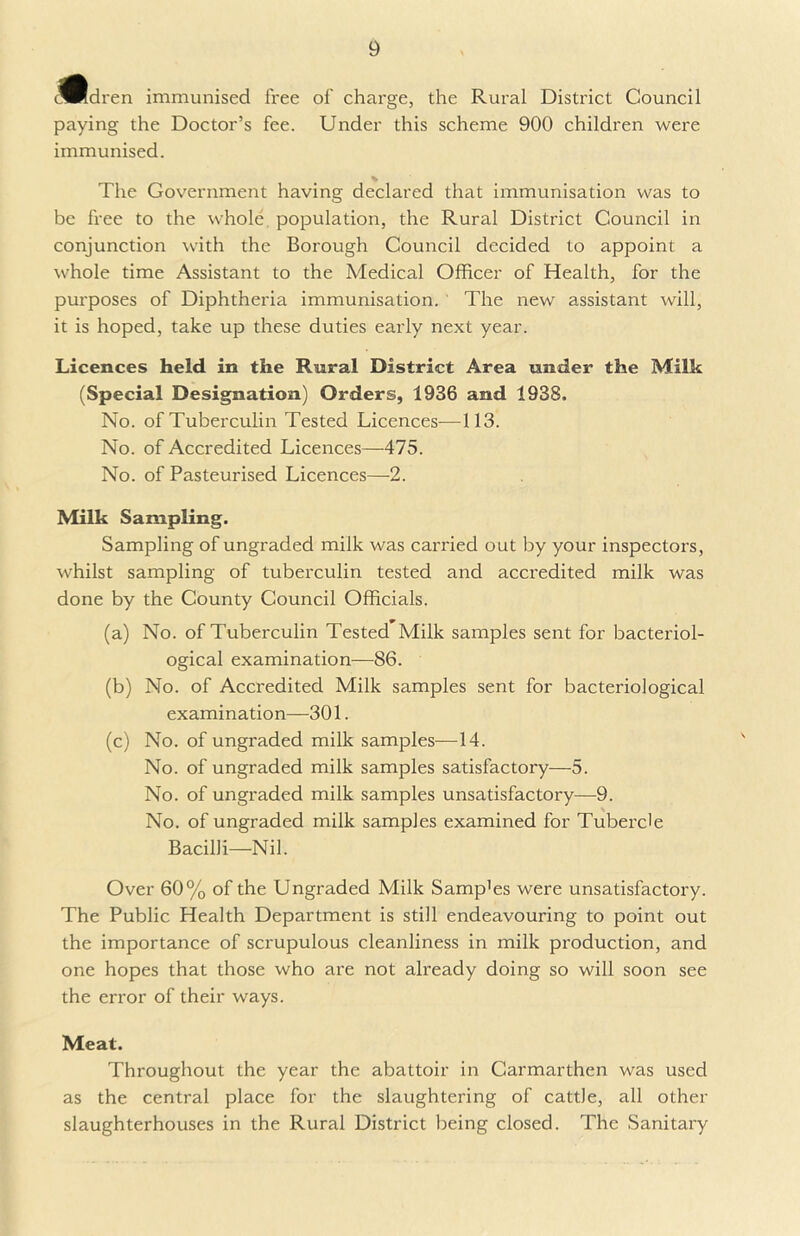 <5Rdren immunised free of charge, the Rural District Council paying the Doctor’s fee. Under this scheme 900 children were immunised. The Government having declared that immunisation was to be free to the whole population, the Rural District Council in conjunction with the Borough Council decided to appoint a whole time Assistant to the Medical Officer of Health, for the purposes of Diphtheria immunisation. The new assistant will, it is hoped, take up these duties early next year. Licences held in the Rural District Area under the Milk (Special Designation) Orders, 1936 and 1938. No. of Tuberculin Tested Licences-—113. No. of Accredited Licences—-475. No. of Pasteurised Licences—2. Milk Sampling. Sampling of ungraded milk was carried out by your inspectors, whilst sampling of tuberculin tested and accredited milk was done by the County Council Officials. (a) No. of Tuberculin Tested Milk samples sent for bacteriol- ogical examination—86. (b) No. of Accredited Milk samples sent for bacteriological examination—301. (c) No. of ungraded milk samples—14. No. of ungraded milk samples satisfactory—5. No. of ungraded milk samples unsatisfactory—9. No. of ungraded milk samples examined for Tubercle Bacilli—Nil. Over 60% of the Ungraded Milk Samp’es were unsatisfactory. The Public Health Department is still endeavouring to point out the importance of scrupulous cleanliness in milk production, and one hopes that those who are not already doing so will soon see the error of their ways. Meat. Throughout the year the abattoir in Carmarthen was used as the central place for the slaughtering of cattle, all other slaughterhouses in the Rural District being closed. The Sanitary