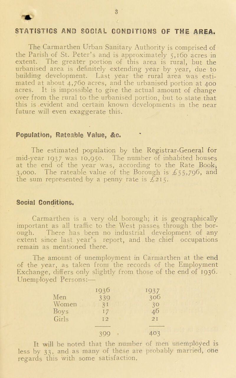 STATISTICS AND SOCIAL CONDITIONS OF THE AREA. The Carmarthen Ur'ban Sanitary Authority is comprised of the Parish of St. Peter’s and is approximately 5,160 acres in extent. The greater portion of this area is rural, but the urbanised area is definitely extending year by year, due to building development. Last year the rural area was esti- mated at about 4,760 acres, and the urbanised portion at 400 acres. It is impossible to give the actual amount of change over from the rural to the urbanised portion, but to state that this is evident and certain known developments in the near future will even exaggerate this. Population, Rateable Value, &o. The estimated population by the Registrar-General for mid-year 1937 was 10,950. The number of inhabited houses at the end of the year was, according to the Rate Book, 3,000. The rateable value of the Borough is ^55.796, and the sum represented by a penny rate is ^215. Social Conditions. Carmarthen is a very old borough; it is geographically important as all traffic to the West passes through the bor- ough. There has been no industrial development of any extent since last year’s report, and the chief occupations remain as mentioned there. The amount of unemployment in Carmarthen at the end of the year, as taken from the records of the Employment Exchange, differs only slightly from those of the end of 1936, Unemployed Persons:— 1936 1937 Men 339 306 Women 31 30 Boys 17 46 Girls 12 21 399 • 403 It will be noted that the number of men unemployed is less by 33, and as many of these are probably married, Oile regards this with some satisfaction.