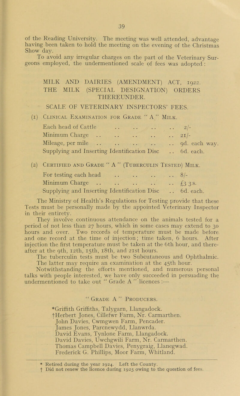 of the Reading University. The meeting was well attended, advantage having been taken to hold the meeting on the evening of the Christmas Show day. To avoid any irregular charges on the part of the Veterinary Sur- geons employed, the undermentioned scale of fees was adopted ; MILK AND DAIRIES (AMENDMENT) ACT, 1922. THE MILK (SPECIAL DESIGNATION) ORDERS THEREUNDER. SCALE OF VETERINARY INSPECTORS’ FEES. (i) Clinical Examination for Grade “ A ” Milk. Each head of Cattle Minimum Charge Mileage, per mile Supplying and Inserting Identification Disc 2/- 21/- pd. each way. 6d. each. (2) Certified and Grade “ A ” (Tuberculin Tested) Milk. For testing each head .. .. .. .. Si- Minimum Charge .. .. .. .. • • £3 3 s. Supplying and Inserting Identification Disc .. 6d. each. The Ministry of Health’s Regulations for Testing provide that these Tests must be personally made by the appointed Veterinary Inspector in their entirety. They involve continuous attendance on the animals tested for a period of not less than 27 hours, which in some cases may extend to 30 hours and over. Two records of temperature must be made before, and one record at the time of injection; time taken, 6 hours. After injection the first temperature must be taken at the 6th hour, and there- after at the 9th, I2th, 15th, i8th, and 21st hours. The tuberculin tests must be two Subcutaneous and Ophthalmic. The latter may require an examination at the 45th hour. Notwithstanding the efforts mentioned, and numerous personal talks with people interested, we have only succeeded in persuading the undermentioned to take out “ Grade A ” licences :— “ Grade A ” Producers. ♦Griffith Griffiths, Talygarn, Llangadock. tHerbert Jones, Cillefwr Farm, Nr. Carmarthen. John Davies, Cwmgwen Farm, Pencader. James Jones, Parcnewydd, Llanwrda. David Evans, Tynlone Farm, Llangadock. David Davies, Uwchgwili Farm, Nr. Carmarthen. Thomas Campbell Davies, Penygraig, Llanegwad. Frederick G. Phillips, Moor Farm, Whitland. * Retired during the year 1924. Left the County, t Did not renew the licence during 1925 owing to the question of fees.