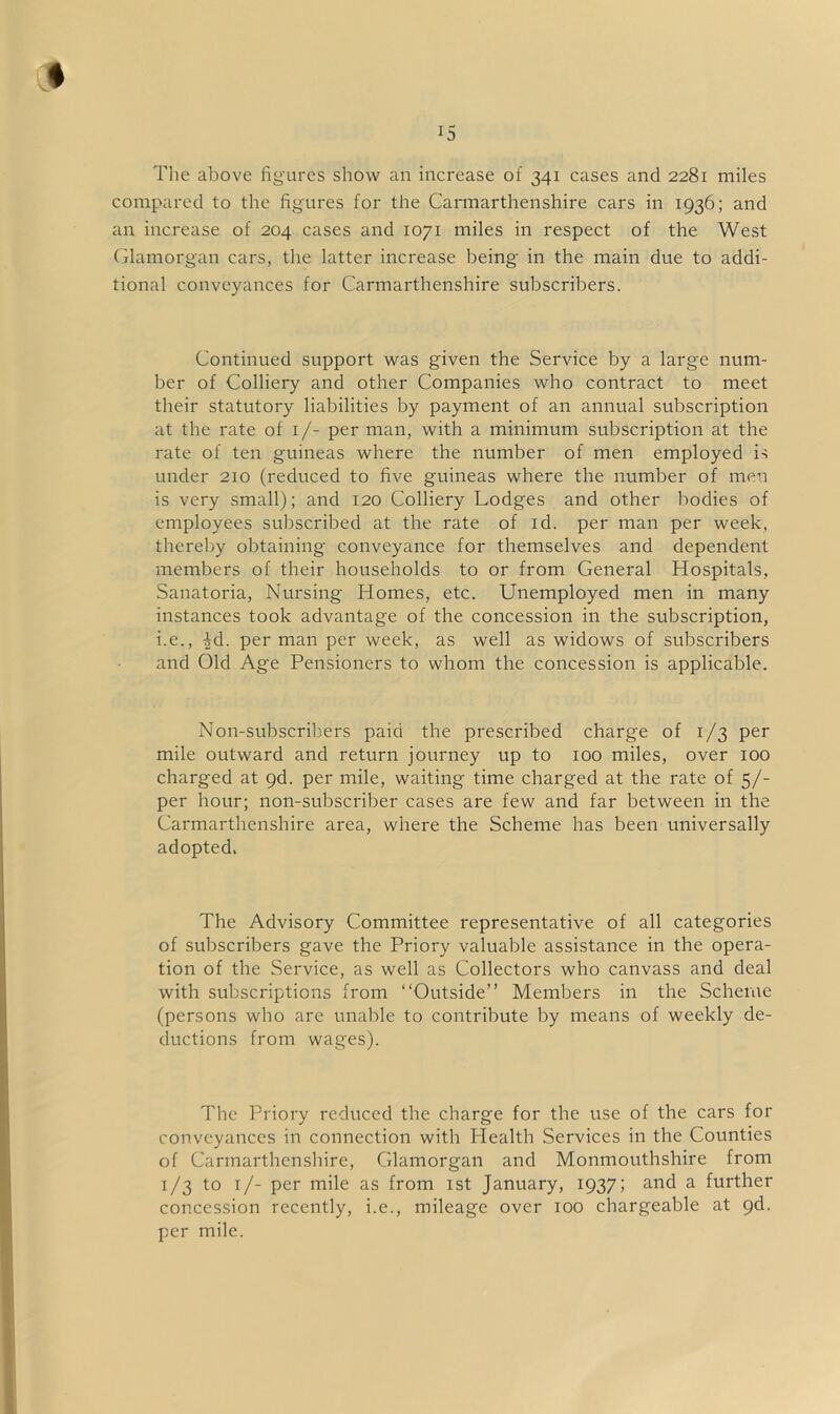 The above figures show an increase of 341 cases and 2281 miles compared to the figures for the Carmarthenshire cars in 1936; and an increase of 204 cases and 1071 miles in respect of the West Glamorgan cars, the latter increase being in the main due to addi- tional conveyances for Carmarthenshire subscribers. Continued support was given the Service by a large num- ber of Colliery and other Companies who contract to meet their statutory liabilities by payment of an annual subscription at the rate of 1/- per man, with a minimum subscription at the rate of ten guineas where the number of men employed is under 210 (reduced to five guineas where the number of men is very small); and 120 Colliery Lodges and other bodies of employees subscribed at the rate of id. per man per week, thereby obtaining conveyance for themselves and dependent members of their households to or from General Hospitals, Sanatoria, Nursing Homes, etc. Unemployed men in many instances took advantage of the concession in the subscription, i.e., -Jd. per man per week, as well as widows of subscribers and Old Age Pensioners to whom the concession is applicable. Non-subscribers paid the prescribed charge of 1/3 per mile outward and return journey up to 100 miles, over 100 charged at 9d. per mile, waiting time charged at the rate of 5/- per hour; non-subscriber cases are few and far between in the Carmarthenshire area, where the Scheme has been universally adopted. The Advisory Committee representative of all categories of subscribers gave the Priory valuable assistance in the opera- tion of the Service, as well as Collectors who canvass and deal with subscriptions from “Outside” Members in the Scheme (persons who are unable to contribute by means of weekly de- ductions from wages). The Priory reduced the charge for the use of the cars for conveyances in connection with Health Services in the Counties of Carmarthenshire, Glamorgan and Monmouthshire from 1/3 to 1/- per mile as from 1st January, 1937; and a further concession recently, i.e., mileage over 100 chargeable at 9d. per mile.