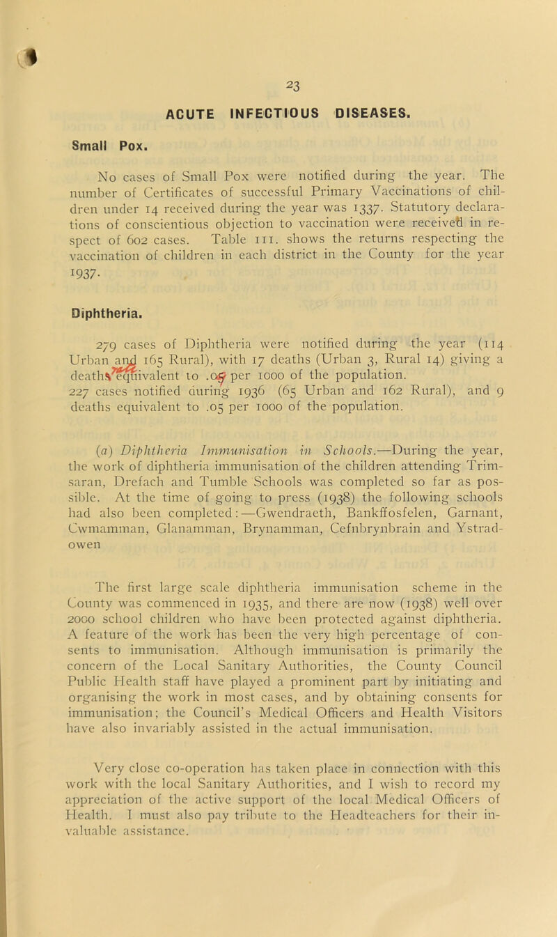 $ 23 ACUTE INFECTIOUS DISEASES. Small Pox. No cases of Small Pox were notified during the year. The number of Certificates of successful Primary Vaccinations of chil- dren under 14 received during the year was 1337. Statutory declara- tions of conscientious objection to vaccination were received in re- spect of 602 cases. Table hi. shows the returns respecting the vaccination of children in each district in the County for the year 1937- Diphtheria. 279 cases of Diphtheria were notified during the year (114 Urban mid 165 Rural), with 17 deaths (Urban 3, Rural 14) giving a death^equivalent to .c£f per 1000 of the population. 227 cases notified during 1936 (65 Urban and 162 Rural), and 9 deaths equivalent to .05 per 1000 of the population. (a) Diphtheria Immunisation in Schools.—During the year, the work of diphtheria immunisation of the children attending Trim- saran, Drefach and Tumble Schools was completed so far as pos- sible. At the time of going to press (1938) the following schools had also been completed:—Gwendraeth, Bankffosfelen, Garnant, Cwmamman, Glanamman, Brynamman, Cefnbrynbrain and Ystrad- owen The first large scale diphtheria immunisation scheme in the County was commenced in 1935, and there are now (1938) well over 2000 school children who have been protected against diphtheria. A feature of the work has been the very high percentage of con- sents to immunisation. Although immunisation is primarily the concern of the Local Sanitary Authorities, the County Council Public Health staff have played a prominent part by initiating and organising the work in most cases, and by obtaining consents for immunisation; the Council’s Medical Officers and Health Visitors have also invariably assisted in the actual immunisation. Very close co-operation has taken place in connection with this work with the local Sanitary Authorities, and I wish to record my appreciation of the active support of the local Medical Officers of Health. 1 must also pay tribute to the Headteachers for their in- valuable assistance.