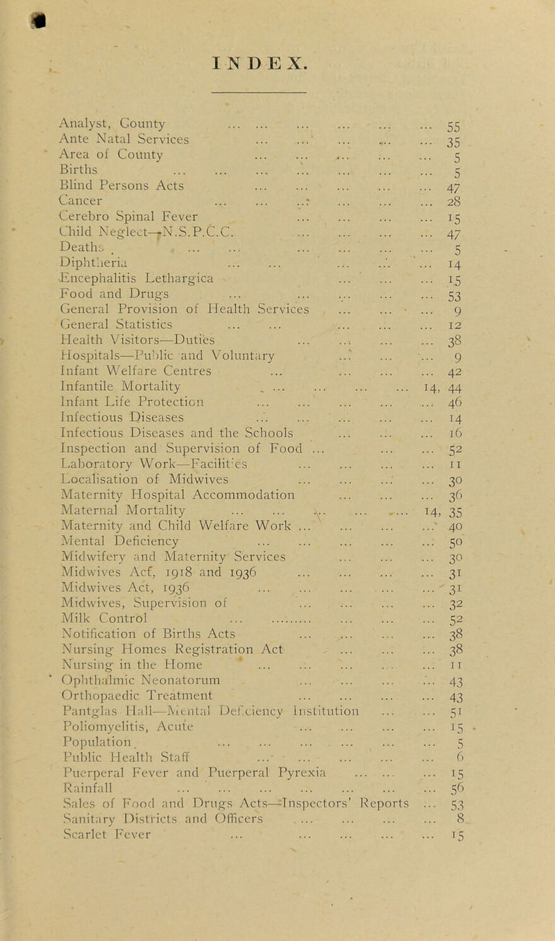 INDEX. Analyst, County ... ... ... ... 55 Ante Natal Services ... ...' ... ... ... 35 Area of County 5 Births ... ... ... ... ... ... ... 5 Blind Persons Acts ... ... ... ... ... 47 Cancer ... ... ..: ... ... ... 28 Cerebro Spinal Fever ... ... ... ... 15 Child Neglect-^N.S.P.C.C. 47 Deaths _ ... ... ... ... ... ... 5 Diphtheria ... ... ... ... 14 -Encephalitis Lethargica ... ... ... 15 Food and Drugs ... ... ... ... ... 53 General Provision of Health Services ... ... ... 9 General Statistics ... ... ... ... ... 12 Health Visitors—Duties ... ... ... ... 38 Hospitals—Pul)lic and Voluntary ...' ... ... 9 Infant Welfare Centres ... ... ... ... 42 Infantile Mortality , ... ... ... ... 14, 44 Infant Life Protection ... ... ... ... ... 46 Infectious Diseases ... ... ... ... ... 14 Infectious Diseases and the Schools ... ... ... 16 Inspection and Supervision of Food ... ... ... 52 Laboratory Work—FacilitVs ... ... ... ... ii Localisation of Midwives ... ... ... ... 30 Maternity Hospital Accommodation ... ... ... 36 Maternal Mortality ... ... .n^. ... I4> 35 Maternity and Child Welfare Work ... ... ... ...'40 Mental Deficiency ... ... ... ... ... 50 Midwifery and Maternity Services ... ... ... 30 Midwives Acf, 1918 and 1936 ... ... ... ... 31 Midwives Act, 1936 ... ... 31 Midwives, Supervision of ... ... ... ... 32 Milk Control ... ... ... ... 52 Notification of Births Acts ... ... ... ... 38 Nursing Plomes Registration Act - ... ... ... 38 Nursing in the Home ... ... ... ii Ophthalmic Neonatorum ... ... ... ... 43 Orthopaedic Treatment ... ... ... ... 43 Pantglas Hall—Mental De.Cciency Institution ... ... 51 Poliomyelitis, Acute ... ... ... ... 15 • I’opulation, ... ... ... ... ... ... 5 Public Health Staff ...• ... ... ... ... 6 Puerperal Fever and Puerperal Pyrexia ... 15 Rainfiill ... ... ... ... ... ... ... 56 .Sales of Food and Drugs Act.s—Inspectors’ Reports ... 53 .Sanitary Districts and Officers . ... ... ... ... 8 .Scarlet Fever ... ... ... ... ... 15