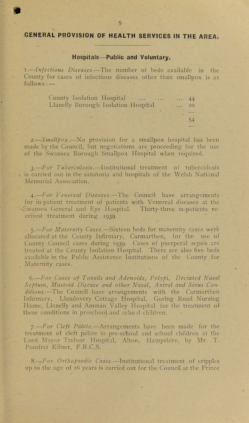 GENERAL PROVISION OF HEALTH SERVICES IN THE AREA. Hospitals^—Public and Voluntary. I.—Infectious Diseases.—The number of beds available in the County for cases of infectious diseases other than smallpox is as follows: — County Isolation Hospital ... ... ... 44 Llanelly Borough Isolation Hospital ... 10 54 2. —Smallpox.—No provision for a smallpox hospital has been made by the Council, but negotiations are proceeding for the use of the Swansea Borough Smallpox Hospital when required. 3. —For Tuberculosis.—Institutional treatment of tuberculosis is carried out in the sanatoria and hospitals of the Welsh National Memorial Association. 4. —For Venereal Diseases.—The Council have arrangements for in-patient treatment of patients with Venereal diseases at the ^Swansea General and Eye Hospital. Thirty-three in-patients re- ceived treatment during 1939. 5. —For Maternity Cases.—Sixteen beds for maternity cases were allocated at the County Infirmary, Carmarthen, for the use of County Council cases during 1939. Cases of puerperal sepsis are treated at the County Isolation Hospital. There are also five beds available in the Public Assistance Institutions of the County for Maternity cases. 6. —For Cases of Tonsils and Adenoids, Polypi, Deviated Nasal Septum, Mastoid Disease and other Nasal, Antral and Sinus Con- ditions.—The Council have arrangements with the Carmarthen Infirmary, Llandovery Cottage Hospital, Goring Road Nursing Home, Llanelly and Amman Valley Hospital, for the treatment of these conditions in preschool and school children. 7. —For Cleft Palate.—Arrangements have been made for the treatment of cleft palate in pre-school and scliool children at the Lord Mayor Treloar Hospital, Alton, Hampshire, by Mr. T. Pomfret Kilner, F.R.C.S. 8. -r/'or Orthopaedic Cases.—Institutional treatment of cripples up to the age of t6 years is carried out for the Council at the Prince