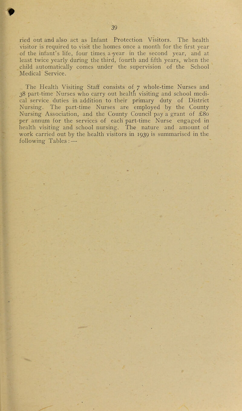 ried out and also act as Infant Protection Visitors. The health visitor is required to visit the homes once a month for the first year of the infant’s life, four times a-year in the second year, and at least twice yearly during the third, fourth and fifth years, when the child automatically comes under the supervision of the School Medical Service. The Plealth Visiting Staff consists of 7 whole-time Nurses and 38 part-time Nurses who carry out healtfi visiting and school medi- cal service duties in addition to their primary duty of District Nursing. The part-time Nurses are employed by the County Nursing Association, and the County Council pay a grant of £80 per annum for the services of each part-time Nurse engaged in health visiting and school nursing. The nature and amount of work carried out by the health visitors in 1939 is summarised in the following Tables; —