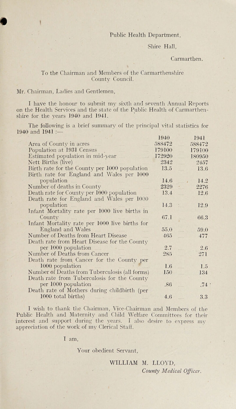 Public Health Department, Shire Hall, Carmarthen. To the Chairman and Members of the Carmarthenshire County Council. Mr. Chairman, Ladies and Gentlemen, I have the honour to submit my sixth and seventh Annual Reports on the Health Services and the state of the Public Health of Carmarthen- shire for the years 1940 and 1941. The following is a brief summary of the principal vital statistics for 1940 and 1941 :— Area of County in acres 1940 588472 1941 . 588472 Population at 1931 Census 179100 179100 Estimated population in mid-year 172920 180950 Nett Births flive) 2342 2457 Birth rate for the County per 1000 population 13.5 13.6 Birth rate for England and Wales per 1000 population 14.6 14.2 Number of deaths in County 2329 2276 Death rate for County per 1000 population 13.4 12.6 Death rate for England and Wales per 1000 population 14.3 12.9 Infant Mortality7 rate per 1000 live births in County 67.1 66.3 Infant Mortality rate per 1000 live births for England and Wales i 55.0 .... 59.0 Number of Deaths from Heart Disease 465 ... 477 Death rate from Heart Disease for the County7 per 1000 population 2.7 2.6 Number of Deaths from Cancer 285 271 Death rate from Cancer for the County per 1000 population 1.6 1.5 Number of Deaths from Tuberculosis (all forms) 150 134 Death rate from Tuberculosis for the County per 1000 population .86 .... .74 Death rate of Mothers during childbirth (per 1000 total births) 4.6 3.3 I wish to thank the Chairman, Vice-Chairman and Members of the Public Health and Maternity and Child Welfare Committees for their interest and support during the years. I also desire to express my appreciation of the work of my Clerical Staff. I am, Your obedient Servant, WILLIAM M. LLOYD, County Medical Officer.