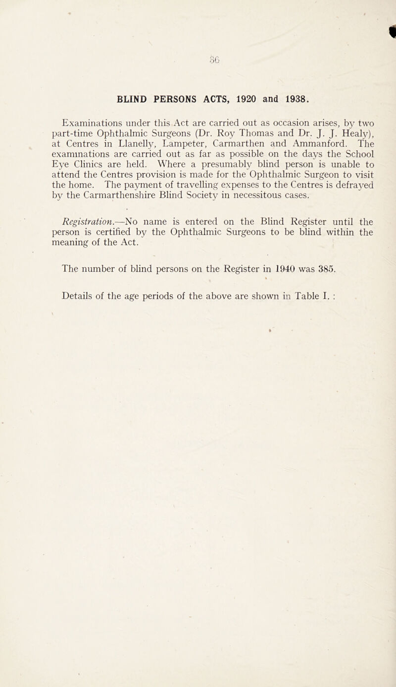 BLIND PERSONS ACTS, 1920 and 1938. Examinations under this Act are carried out as occasion arises, by two part-time Ophthalmic Surgeons (Dr. Roy Thomas and Dr. J. J. Healy), at Centres in Llanelly, Lampeter, Carmarthen and Ammanford. The examinations are carried out as far as possible on the days the School Eye Clinics are held. Where a presumably blind person is unable to attend the Centres provision is made for the Ophthalmic Surgeon to visit the home. The payment of travelling expenses to the Centres is defrayed by the Carmarthenshire Blind Society in necessitous cases. Registration.—No name is entered on the Blind Register until the person is certified by the Ophthalmic Surgeons to be blind within the meaning of the Act. The number of blind persons on the Register in 1940 was 385. %