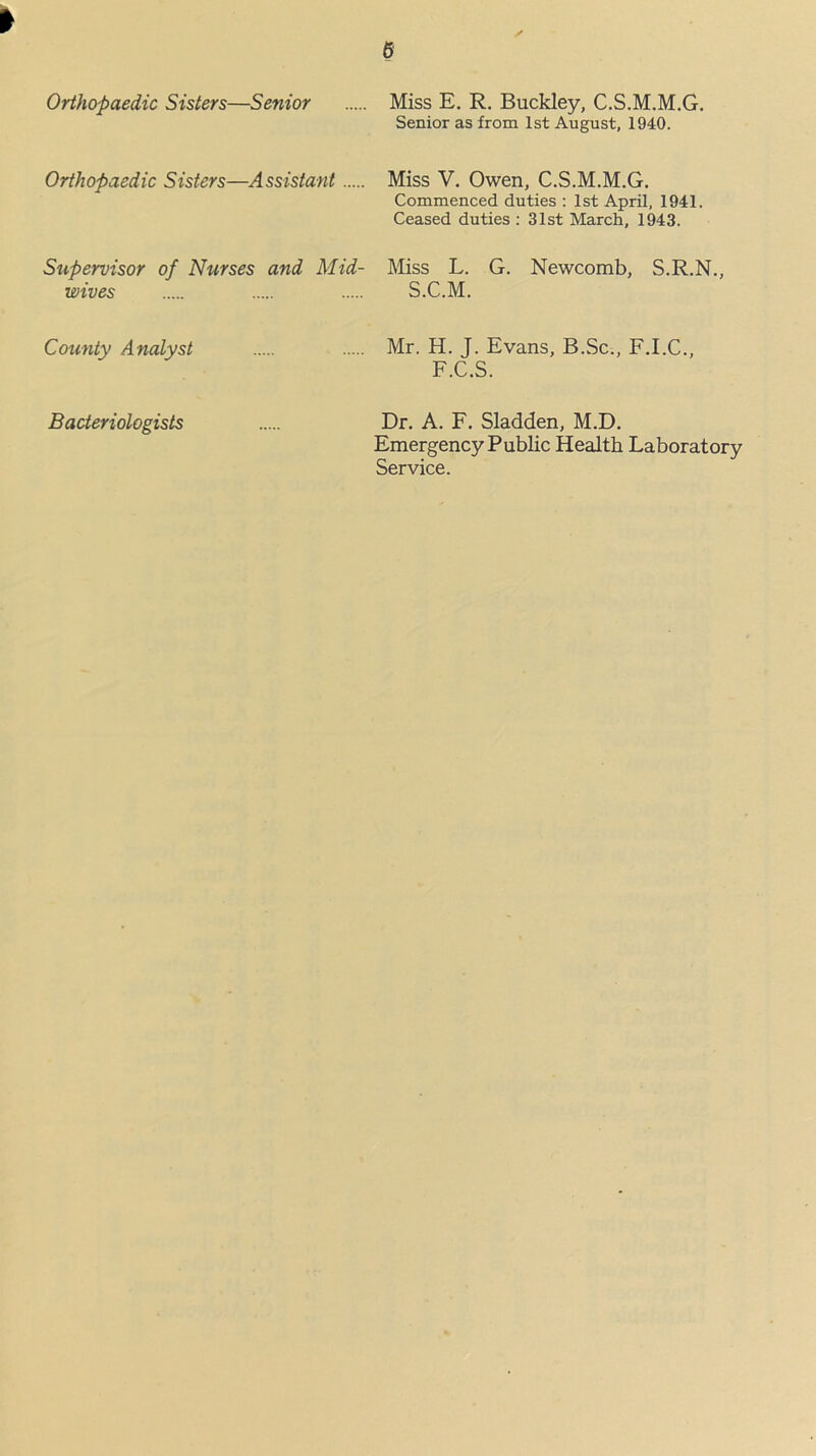 6 » Orthopaedic Sisters—Senior ... Miss E. R. Buckley, C.S.M.M.G. Senior as from 1st August, 1940. Orthopaedic Sisters—Assistant ... ... Miss V. Owen, C.S.M.M.G. Commenced duties : 1st April, 1941. Ceased duties : 31st March, 1943. Supervisor of Nurses and Mid- Miss L. G. Newcomb, S.R.N., wives S.C.M. County Analyst Mr. H. J. Evans, B.Sc., F.I.C., F.C.S. Bacteriologists Dr. A. F. Sladden, M.D. Emergency Public Health Laboratory Service.