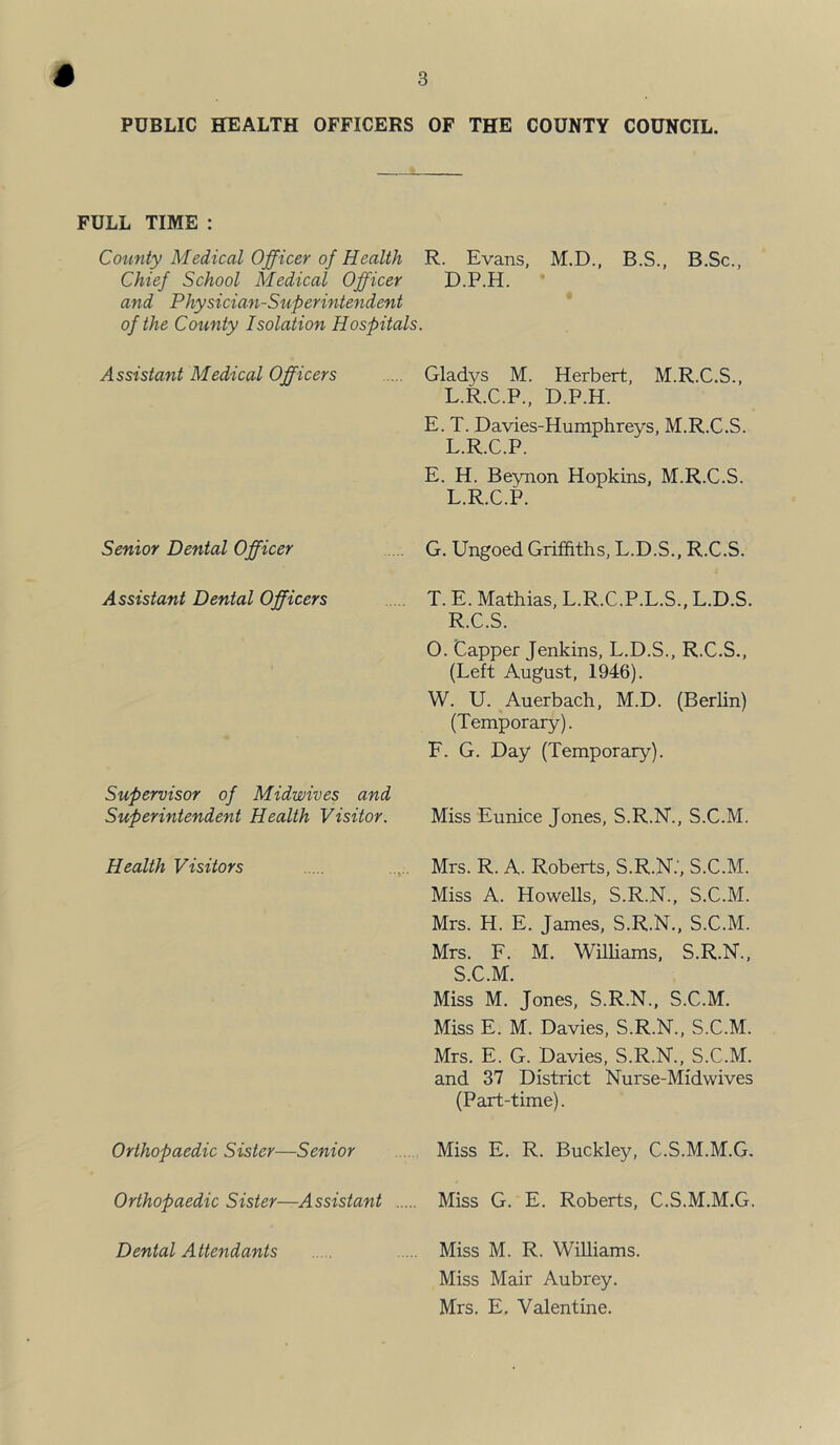 PUBLIC HEALTH OFFICERS OF THE COUNTY COUNCIL. FULL TIME : County Medical Officer of Health Chief School Medical Officer and Physician-Superintendent of the County Isolation Hospitals Assistant Medical Officers Senior Dental Officer Assistant Dental Officers Supervisor of Midwives and Superintendent Health Visitor. Health Visitors Orthopaedic Sister—Senior Orthopaedic Sister—Assistant Dental Attendants R. Evans, M.D., B.S., B.Sc., D.P.H. • Gladys M. Herbert, M.R.C.S., L.R.C.P., D.P.H. E. T. Davies-Humphreys, M.R.C.S. L.R.C.P. E. H. Beynon Hopkins, M.R.C.S. L.R.C.P. G. Ungoed Griffiths, L.D.S., R.C.S. T. E. Mathias, L.R.C.P.L.S., L.D.S. R. C.S. O. Capper Jenkins, L.D.S., R.C.S., (Left August, 1946). W. U. Auerbach, M.D. (Berlin) (Temporary). F. G. Day (Temporary). Miss Eunice Jones, S.R.N., S.C.M. Mrs. R. A. Roberts, S.R.K.', S.C.M. Miss A. Howells, S.R.N., S.C.M. Mrs. H. E. James, S.R.N., S.C.M. Mrs. F. M. Williams, S.R.N., S. C.M. Miss M. Jones, S.R.N., S.C.M. Miss E. M. Davies, S.R.N., S.C.M. Mrs. E. G. Davies, S.R.N., S.C.M. and 37 District Nurse-Midwives (Part-time). Miss E. R. Buckley, C.S.M.M.G. Miss G. E. Roberts, C.S.M.M.G. Miss M. R. Williams. Miss Mair Aubrey. Mrs. E, Valentine.