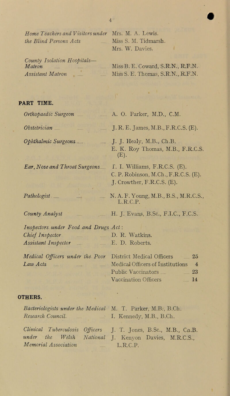 Home Teachers and Visitors under the Blind Persons Acts 4 Mrs. M. A. Lewis. Miss S. M. Tidmarsh. Mrs. W. Davies. County Isolation Hospitals— Matron Assistant Matron PART TIME. Orthopaedic Surgeon Obstetrician ophthalmic Surgeons Ear, Nose and Throat Surgeons. Pathologist County Analyst Inspectors under Food and Drugs Chief Inspector Assistant Inspector Medical Officers under the Poor Law Acts OTHERS. Bacteriologists under the Medical Research Council Clinical T viherculosis Officers under the Welsh National Memorial Associatioii Miss B. E. Coward, S.R.N., R.F.N. Miss S. E. Thomas, S.R.N., R.F.N. A. O. Parker, M.D., C.M. J. R. E. James, M.B., F.R.C.S. (E). J. J. Healy, M.B., Ch.B. E. K. Roy Thomas, M.B., F.R.C.S. (E). r. I. Williams, F.R.C.S. (E). C. P. Robinson, M.Ch., F.R.C.S. (E). J. Crowther, F.R.C.S. (E). N. A. F. Young, M.B., B.S., M.R.C.S., L.R.C.P. H. J. Evans, B.Sc., F.I.C., F.C.S. Act: D. R. Watkins. E. D. Roberts. District Medical Officers 25 Medical Officers of Institutions 4 Public Vaccinators 23 Vaccination Officers . 14 M. T. Parker, M.B., B.Ch. I. Kennedy, M.B., B.Ch. J. T. Jones, B.Sc., M.B., Cn.B. J. Kenyon Davies, M.R.C.S., L.R.C.P.