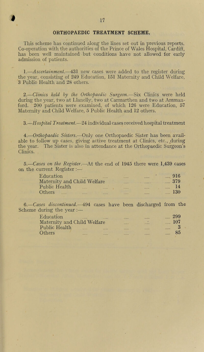 11 « ORTHOPAEDIC TREATMENT SCHEME. This scheme has continued along the lines set out in previous reports. Co-operation with the authorities of the Prince of Wales Hospital, Cardiff, has been well maintained but conditions have not allowed for early admission of patients. 1. —Ascertainment.—431 new cases were added to the register during the year, consisting of 249 Education, 151 Maternity and Child Welfare, 3 Public Health and 28 others. 2. —Clinics held by the Orthopaedic Surgeon.—Six Chnics were held during the year, two at Llanelly, two at Carmarthen and two at Amman- ford. 200 patients were examined, of which 126 were Education, 57 Maternity and Child Welfare, 5 Public Health and 12 others. 3. —Hospital Treatment.—24 individual cases received hospital treatment 4. —Orthopaedic Sisters.—Only one Orthopaedic Sister has been avail- able to foUow up cases, giving active treatment at Clinics, etc., ^during the year. The Sister is also in attendance at the Orthopaedic Surgeon’s Chnics. 5. —Cases on the Register.—At the end of 1945 there were 1,439 cases on the current Register :— Education ’ 916 Maternity and Child Welfare 379 Pubhc Health 14 Others 130 6.—Cases discontinued.—494 cases have been discharged from the Scheme during the year ;— Education 299 Maternity and Child Welfare 107 Public Health 3 Others 85