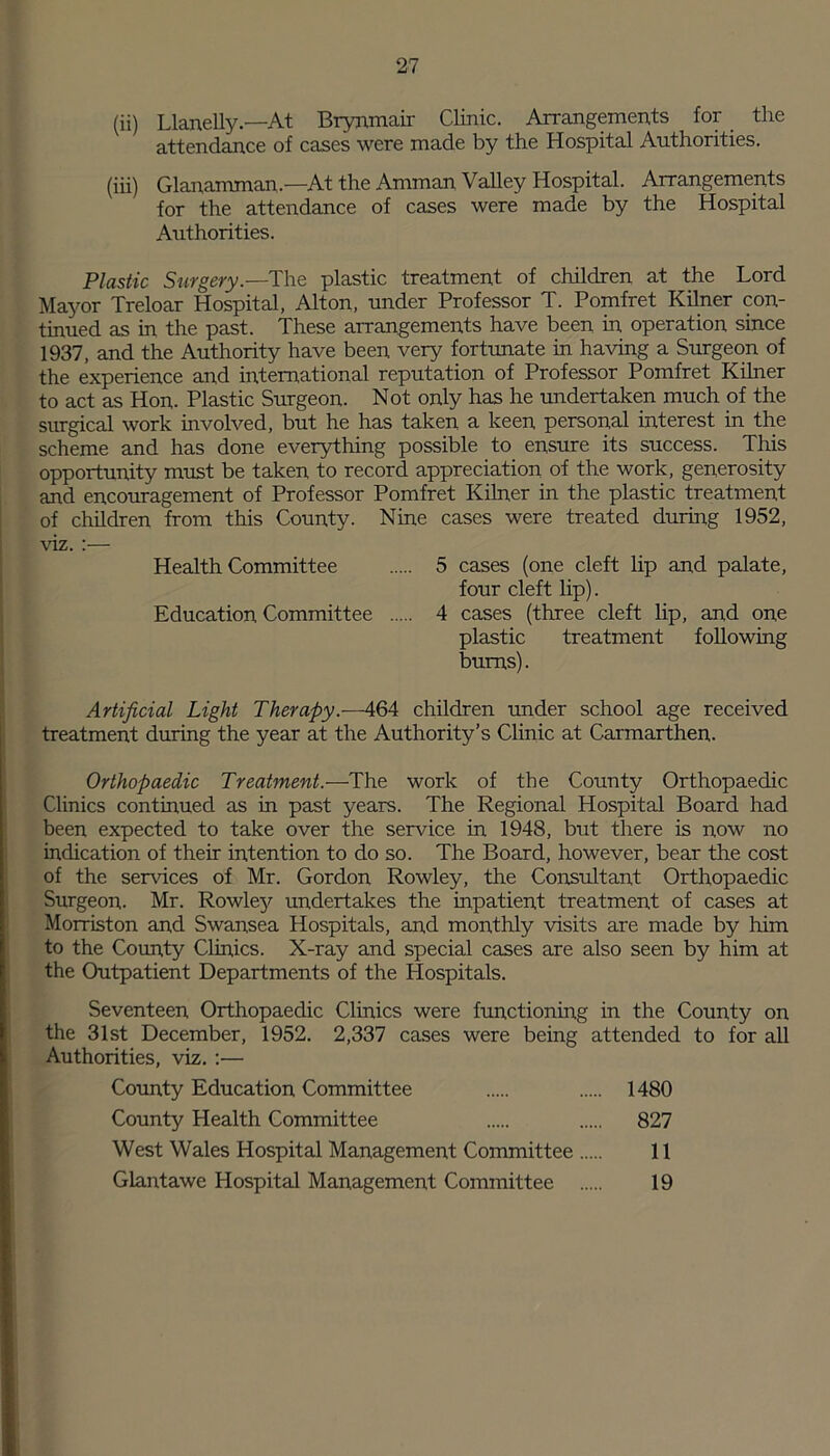 (ii) Llanelly—At Brynmair Clinic. Arrangements for the attendance of cases were made by the Hospital Authorities. (iii) Glanamman.—At the Amman Valley Hospital. Arrangements for the attendance of cases were made by the Hospital Authorities. Plastic Surgery.—The plastic treatment of children at the Lord Mayor Treloar Hospital, Alton, under Professor T. Pomfret Kilner con- tinued as in the past. These arrangements have been in operation since 1937, and the Authority have been very fortunate in having a Surgeon of the experience and international reputation of Professor Pomfret Kilner to act as Hon. Plastic Surgeon. Not only has he undertaken much of the surgical work involved, but he has taken a keen personal interest in the scheme and has done everything possible to ensure its success. This opportunity must be taken to record appreciation of the work, generosity and encouragement of Professor Pomfret Kilner in the plastic treatment of children from this County. Nine cases were treated during 1952, viz. :— Health Committee 5 cases (one cleft lip and palate, four cleft lip). Education Committee 4 cases (three cleft lip, and one plastic treatment following bums). Artificial Light Therapy.—464 children under school age received treatment during the year at the Authority’s Clinic at Carmarthen. Orthopaedic Treatment.—The work of the County Orthopaedic Clinics continued as in past years. The Regional Hospital Board had been expected to take over the service in 1948, but there is now no indication of their intention to do so. The Board, however, bear the cost of the sendees of Mr. Gordon Rowley, the Consultant Orthopaedic Surgeon. Mr. Rowley undertakes the inpatient treatment of cases at Morriston and Swansea Hospitals, and monthly visits are made by him to the County Clinics. X-ray and special cases are also seen by him at the Outpatient Departments of the Hospitals. Seventeen Orthopaedic Clinics were functioning in the County on the 31st December, 1952. 2,337 cases were being attended to for all Authorities, viz. :— County Education Committee 1480 County Health Committee 827 West Wales Hospital Management Committee 11 Glantawe Hospital Management Committee 19