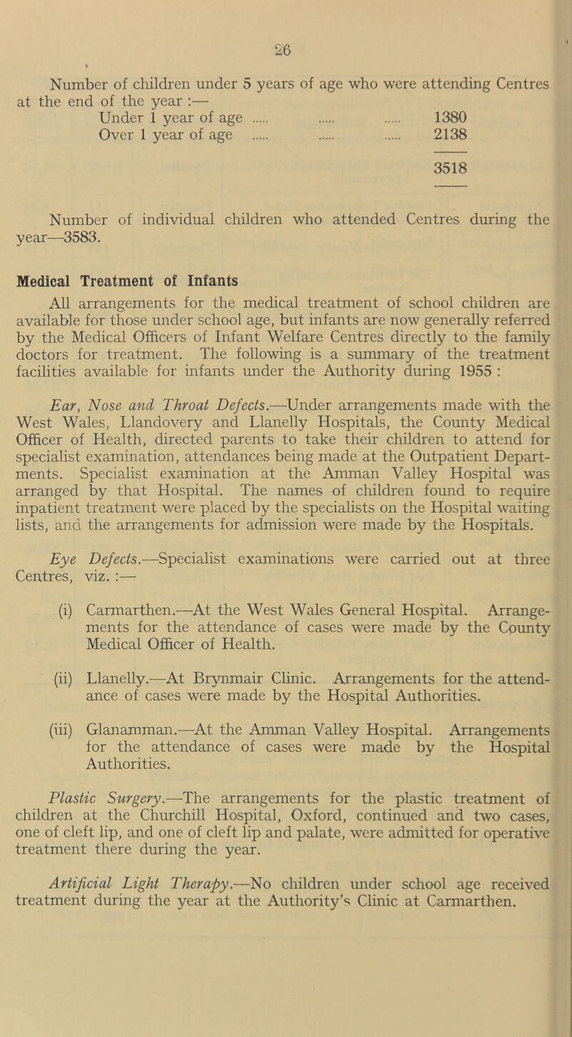 Number of children under 5 years of age who were attending Centres at the end of the year :— Under 1 year of age 1380 Over 1 year of age 2138 3518 Number of individual children who attended Centres during the year—3583. Medical Treatment of Infants All arrangements for the medical treatment of school children are available for those under school age, but infants are now generally referred by the Medical Officers of Infant Welfare Centres directly to the family doctors for treatment. The following is a summary of the treatment facilities available for infants under the Authority during 1955 : Ear, Nose and Throat Defects.—-Under arrangements made with the West Wales, Llandovery and Llanelly Hospitals, the County Medical Officer of Health, directed parents to take their children to attend for specialist examination, attendances being made at the Outpatient Depart- ments. Specialist examination at the Amman Valley Hospital was arranged by that Hospital. The names of children found to require inpatient treatment were placed by the specialists on the Hospital waiting lists, and the arrangements for admission were made by the Hospitals. Eye Defects.—-Specialist examinations were carried out at three Centres, viz. :— (i) Carmarthen.—At the West Wales General Hospital. Arrange- ments for the attendance of cases were made by the County Medical Officer of Health. (ii) Llanelly.—At Brynmair Clinic. Arrangements for the attend- ance of cases were made by the Hospital Authorities. (iii) Glanamman.-—-At the Amman Valley Hospital. Arrangements for the attendance of cases were made by the Hospital Authorities. Plastic Surgery.—The arrangements for the plastic treatment of children at the Churchill Hospital, Oxford, continued and two cases, one of cleft lip, and one of cleft lip and palate, were admitted for operative treatment there during the year. Artificial Light Therapy.—No children under school age received treatment during the year at the Authority’s Clinic at Carmarthen.