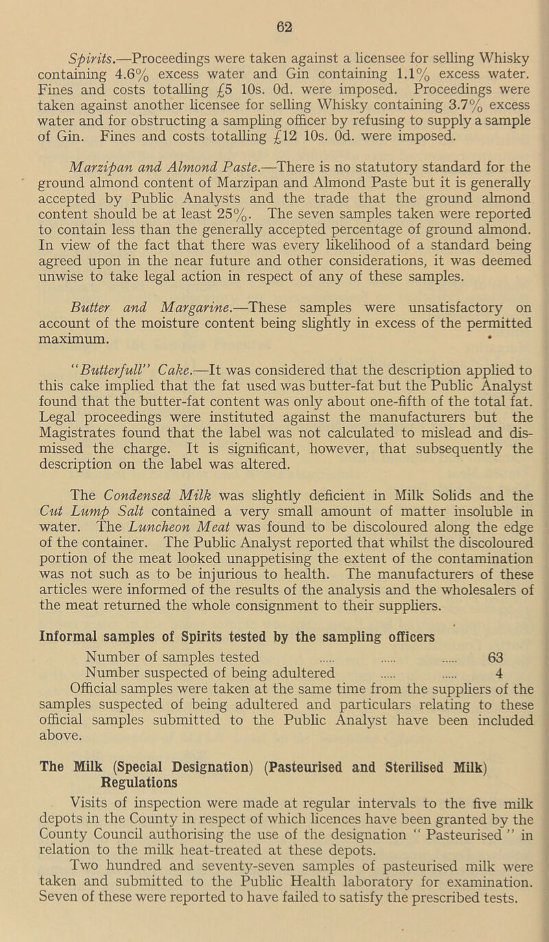 Spirits.—Proceedings were taken against a licensee for selling Whisky containing 4.6% excess water and Gin containing 1.1% excess water. Fines and costs totalling £5 10s. Od. were imposed. Proceedings were taken against another licensee for selling Whisky containing 3.7% excess water and for obstructing a sampling officer by refusing to supply a sample of Gin. Fines and costs totalling £12 10s. Od. were imposed. Marzipan and Almond Paste.—There is no statutory standard for the ground almond content of Marzipan and Almond Paste but it is generally accepted by Public Analysts and the trade that the ground almond content should be at least 25%. The seven samples taken were reported to contain less than the generally accepted percentage of ground almond. In view of the fact that there was every likelihood of a standard being agreed upon in the near future and other considerations, it was deemed unwise to take legal action in respect of any of these samples. Butter and Margarine.—These samples were unsatisfactory on account of the moisture content being slightly in excess of the permitted maximum. “Butterfull” Cake.—It was considered that the description applied to this cake implied that the fat used was butter-fat but the Public Analyst found that the butter-fat content was only about one-fifth of the total fat. Legal proceedings were instituted against the manufacturers but the Magistrates found that the label was not calculated to mislead and dis- missed the charge. It is significant, however, that subsequently the description on the label was altered. The Condensed Milk was slightly deficient in Milk Solids and the Cut Lump Salt contained a very small amount of matter insoluble in water. The Luncheon Meat was found to be discoloured along the edge of the container. The Public Analyst reported that whilst the discoloured portion of the meat looked unappetising the extent of the contamination was not such as to be injurious to health. The manufacturers of these articles were informed of the results of the analysis and the wholesalers of the meat returned the whole consignment to their suppliers. Informal samples of Spirits tested by the sampling officers Number of samples tested 63 Number suspected of being adultered 4 Official samples were taken at the same time from the suppliers of the samples suspected of being adultered and particulars relating to these official samples submitted to the Public Analyst have been included above. The Milk (Special Designation) (Pasteurised and Sterilised Milk) Regulations Visits of inspection were made at regular intervals to the five milk depots in the County in respect of which licences have been granted by the County Council authorising the use of the designation “ Pasteurised ” in relation to the milk heat-treated at these depots. Two hundred and seventy-seven samples of pasteurised milk were taken and submitted to the Public Health laboratory for examination. Seven of these were reported to have failed to satisfy the prescribed tests.
