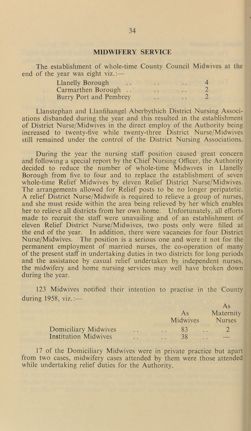 MIDWIFERY SERVICE The establishment of whole-time County Council end of the year was eight viz.:— Llanelly Borough Carmarthen Borough Burry Port and Pembrey Midwives at the 4 2 2 Llanstephan and Llanfihangel Aberbythich District Nursing Associ- ations disbanded during the year and this resulted in the establishment of District Nurse/Midwives in the direct employ of the Authority being increased to twenty-five while twenty-three District Nurse/Midwives still remained under the control of the District Nursing Associations. During the year the nursing staff position caused great concern and following a special report by the Chief Nursing Officer, the Authority decided to reduce the number of whole-time Midwives in Llanelly Borough from five to four and to replace the establishment of seven whole-time Relief Midwives by eleven Relief District Nurse/Midwives. The arrangements allowed for Relief posts to be no longer peripatetic. A relief District Nurse/Midwife is required to relieve a group of nurses, and she must reside within the area being relieved by her which enables her to relieve all districts from her own home. Unfortunately, all efforts made to recruit the staff were unavailing and of an establishment of eleven Relief District Nurse/Midwives, two posts only were filled at the end of the year. In addition, there were vacancies for four District Nurse/Midwives. The position is a serious one and were it not for the permanent employment of married nurses, the co-operation of many of the present staff in undertaking duties in two districts for long periods and the assistance by casual relief undertaken by independent nurses, the midwifery and home nursing services may well have broken down during the year. 123 Midwives notified their intention to practise in the County during 1958, viz.:— As As Maternity Midwives Nurses Domiciliary Midwives 83 2 Institution Midwives 38 . 17 of the Domiciliary Midwives were in private practice but apart from two cases, midwifery cases attended by them were those attended while undertaking relief duties for the Authority.