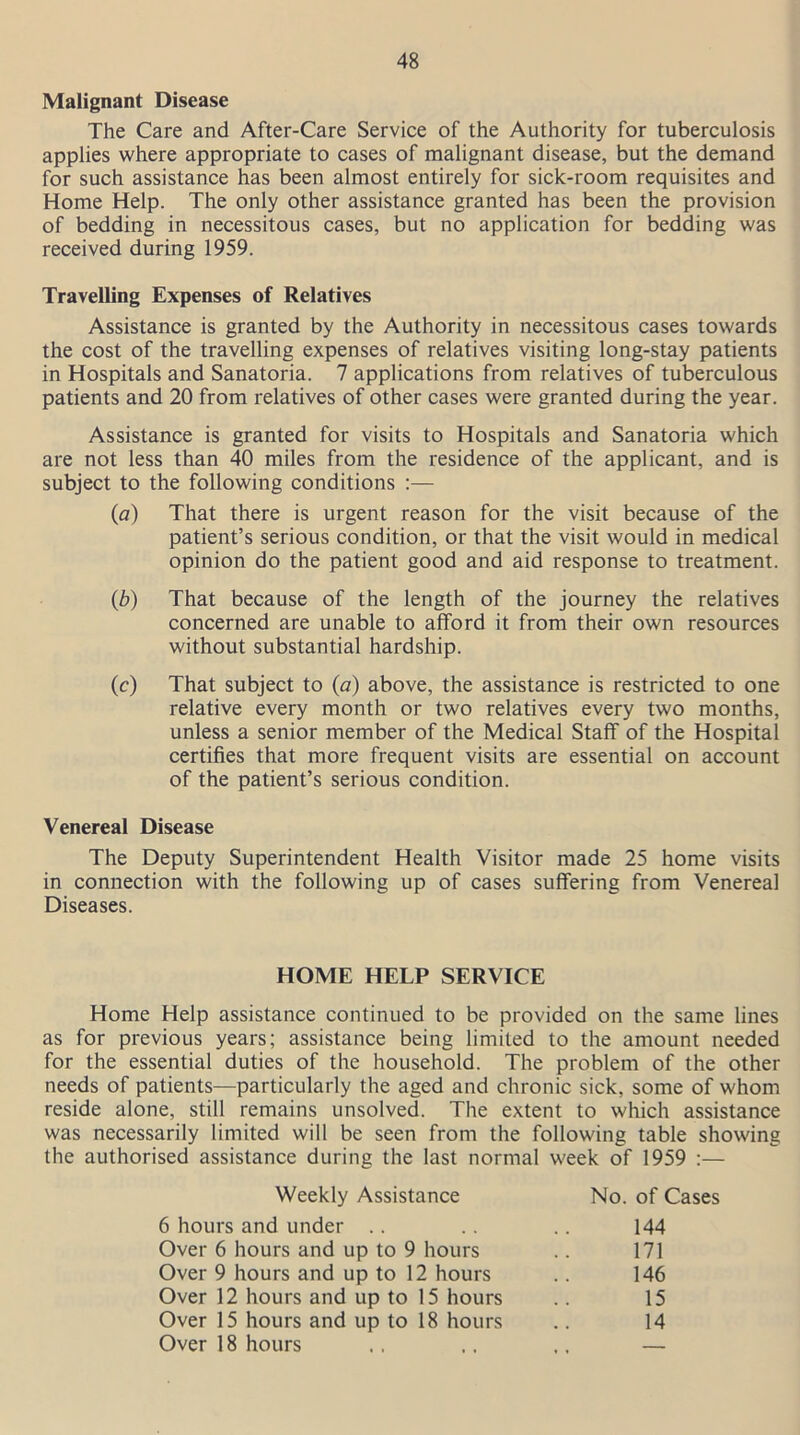 Malignant Disease The Care and After-Care Service of the Authority for tuberculosis applies where appropriate to cases of malignant disease, but the demand for such assistance has been almost entirely for sick-room requisites and Home Help. The only other assistance granted has been the provision of bedding in necessitous cases, but no application for bedding was received during 1959. Travelling Expenses of Relatives Assistance is granted by the Authority in necessitous cases towards the cost of the travelling expenses of relatives visiting long-stay patients in Hospitals and Sanatoria. 7 applications from relatives of tuberculous patients and 20 from relatives of other cases were granted during the year. Assistance is granted for visits to Hospitals and Sanatoria which are not less than 40 miles from the residence of the applicant, and is subject to the following conditions :— (a) That there is urgent reason for the visit because of the patient’s serious condition, or that the visit would in medical opinion do the patient good and aid response to treatment. (b) That because of the length of the journey the relatives concerned are unable to afford it from their own resources without substantial hardship. (c) That subject to (a) above, the assistance is restricted to one relative every month or two relatives every two months, unless a senior member of the Medical Staff of the Hospital certifies that more frequent visits are essential on account of the patient’s serious condition. Venereal Disease The Deputy Superintendent Health Visitor made 25 home visits in connection with the following up of cases suffering from Venereal Diseases. Home Help assistance continued to be provided on the same lines as for previous years; assistance being limited to the amount needed for the essential duties of the household. The problem of the other needs of patients—particularly the aged and chronic sick, some of whom reside alone, still remains unsolved. The extent to which assistance was necessarily limited will be seen from the following table showing the authorised assistance during the last normal week of 1959 :— HOME HELP SERVICE Weekly Assistance No. of Cases 6 hours and under Over 6 hours and up to 9 hours Over 9 hours and up to 12 hours Over 12 hours and up to 15 hours Over 15 hours and up to 18 hours Over 18 hours 144 171 146 15 14