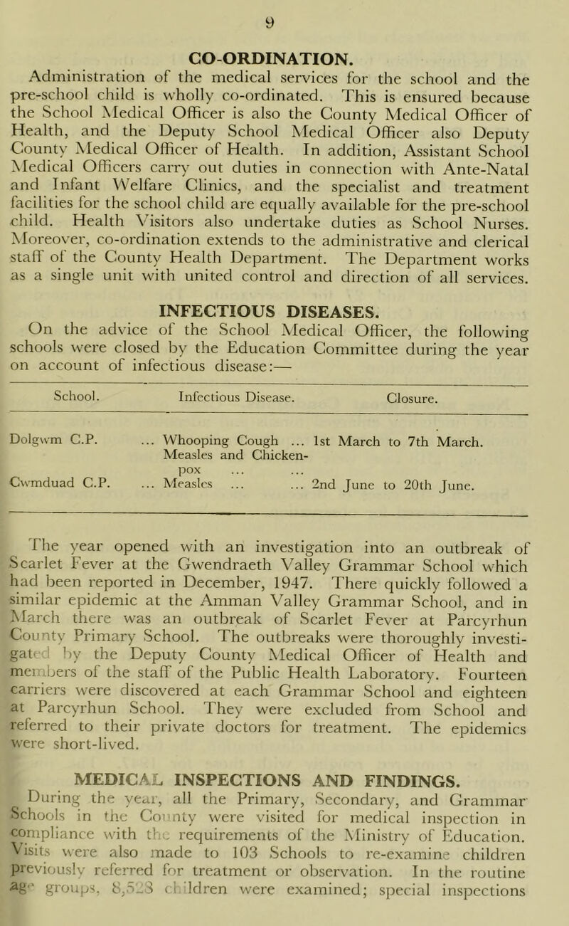 CO-ORDINATION. Administration of the medical services for the school and the pre-school child is wholly co-ordinated. This is ensured because the School Medical Officer is also the County Medical Officer of Health, and the Deputy School Medical Officer also Deputy County Medical Officer of Health. In addition, Assistant School Medical Officers carry out duties in connection with Ante-Natal and Infant Welfare Clinics, and the specialist and treatment facilities for the school child are equally available for the pre-school child. Health Visitors also undertake duties as School Nurses. Moreover, co-ordination extends to the administrative and clerical staff of the County Health Department. The Department works as a single unit with united control and direction of all services. INFECTIOUS DISEASES. On the advice of the School Medical Officer, the following schools were closed by the Education Committee during the year on account of infectious disease:— School. Infectious Disease. Closure. Dolgwm C.P. ... Whooping Cough ... 1st March to 7th March. Measles and Chicken- Cwmduad C.P. pox ... Measles 2nd June to 20th June. The year opened with an investigation into an outbreak of Scarlet Fever at the Gwendraeth Valley Grammar School which had been reported in December, 1947. There quickly followed a similar epidemic at the Amman Valley Grammar School, and in March there was an outbreak of Scarlet Fever at Parcyrhun County Primary School. The outbreaks were thoroughly investi- gate i by the Deputy County Medical Officer of Health and members of the staff of the Public Health Laboratory. Fourteen carriers were discovered at each Grammar School and eighteen at Parcyrhun School. They were excluded from School and referred to their private doctors for treatment. The epidemics were short-lived. MEDICAL INSPECTIONS AND FINDINGS. During the year, all the Primary, Secondary, and Grammar Schools in the County were visited for medical inspection in compliance with the requirements of the Ministry of Education. Visits were also made to 103 Schools to re-examine children previously referred for treatment or observation. In the routine ag' groups. 8,5'J8 children were examined; special inspections