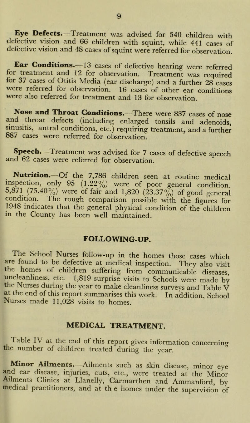 Eye Defects.—Treatment was advised for 540 children with defective vision and 66 children with squint, while 441 cases of defective vision and 48 cases of squint were referred for observation. Ear Conditions.—13 cases of defective hearing were referred for treatment and 12 for observation. Treatment was required for 37 cases of Otitis Media (ear discharge) and a further 28 cases were referred for observation. 16 cases of other ear conditions were also referred for treatment and 13 for observation. Nose and Throat Conditions.—There were 837 cases of nose and throat defects (including enlarged tonsils and adenoids, sinusitis, antral conditions, etc.) requiring treatment, and a further 887 cases were referred for observation. Speech. Treatment was advised for 7 cases of defective speech and 62 cases were referred for observation. Nutrition.—Of the 7,786 children seen at routine medical inspection, only 95 (1.22%) were of poor general condition. 5,871 (75.40%) were of fair and 1,820 (23.37%) of good general condition. The rough comparison possible with the figures for 1948 indicates that the general physical condition of the children in the County has been well maintained. FOLLOWING-UP. The School Nurses follow-up in the homes those cases which are found to be defective at medical inspection. They also visit the homes of children suffering from communicable diseases, uncleanliness, etc. 1,819 surprise visits to Schools were made by the Nurses during the year to make cleanliness surveys and Table V at the end of this report summarises this work. In addition, School Nurses made 11,028 visits to homes. MEDICAL TREATMENT. Table IV at the end of this report gives information concerning the number of children treated during the year. Minor Ailments.—Ailments such as skin disease, minor eye and ear disease, injuries, cuts, etc., were treated at the Minor Ailments Clinics at Llanelly, Carmarthen and Ammanford, by medical practitioners, and at th e homes under the supervision of