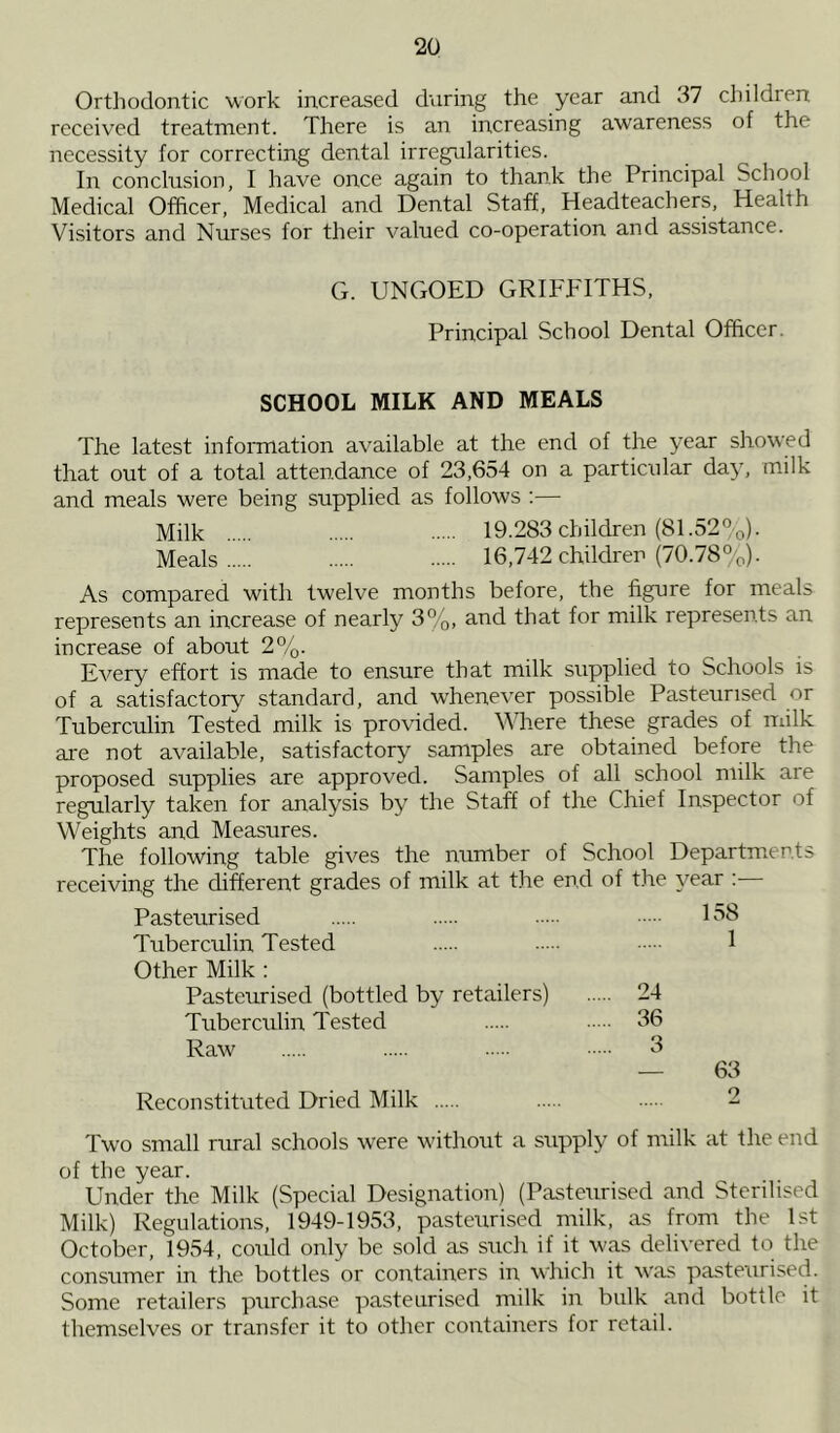 Orthodontic work increased during the year and 37 children received treatment. There is an increasing awareness of the necessity for correcting dental irregularities. In conclusion, I have once again to thank the Principal School Medical Officer, Medical and Dental Staff, Headteachers, Health Visitors and Nurses for their valued co-operation and assistance. G. UNGOED GRIFFITHS, Principal School Dental Officer. SCHOOL MILK AND MEALS The latest information available at the end of the year showed that out of a total attendance of 23,654 on a particular day, milk and meals were being supplied as follows :— Milk 19.283 children (81.52%). Meals 16,742 children (70.78%). As compared with twelve months before, the figure for meals represents an increase of nearly 3%, and that for milk represents an increase of about 2%. Every effort is made to ensure that milk supplied to Schools is of a satisfactory standard, and whenever possible Pasteurised or Tuberculin Tested milk is provided. Where these grades of milk are not available, satisfactory samples are obtained before the proposed supplies are approved. Samples of all school milk are regularly taken for analysis by the Staff of the Chief Inspector of Weights and Measures. The following table gives the number of School Departments receiving the different grades of milk at the end of the year :— Pasteurised 158 Tuberculin Tested 1 Other Milk : Pasteurised (bottled by retailers) 24 Tuberculin Tested 36 Raw 3 — 63 Reconstituted Dried Milk 2 Two small rural schools were without a supply of milk at the end of the year. Under the Milk (Special Designation) (Pasteurised and Sterdised Milk) Regulations, 1949-1953, pasteurised milk, as from the 1st October, 1954, could only be sold as such if it was delivered to the consumer in the bottles or containers in which it was pasteurised. Some retailers purchase pasteurised milk in bulk and bottle it themselves or transfer it to other containers for retail.