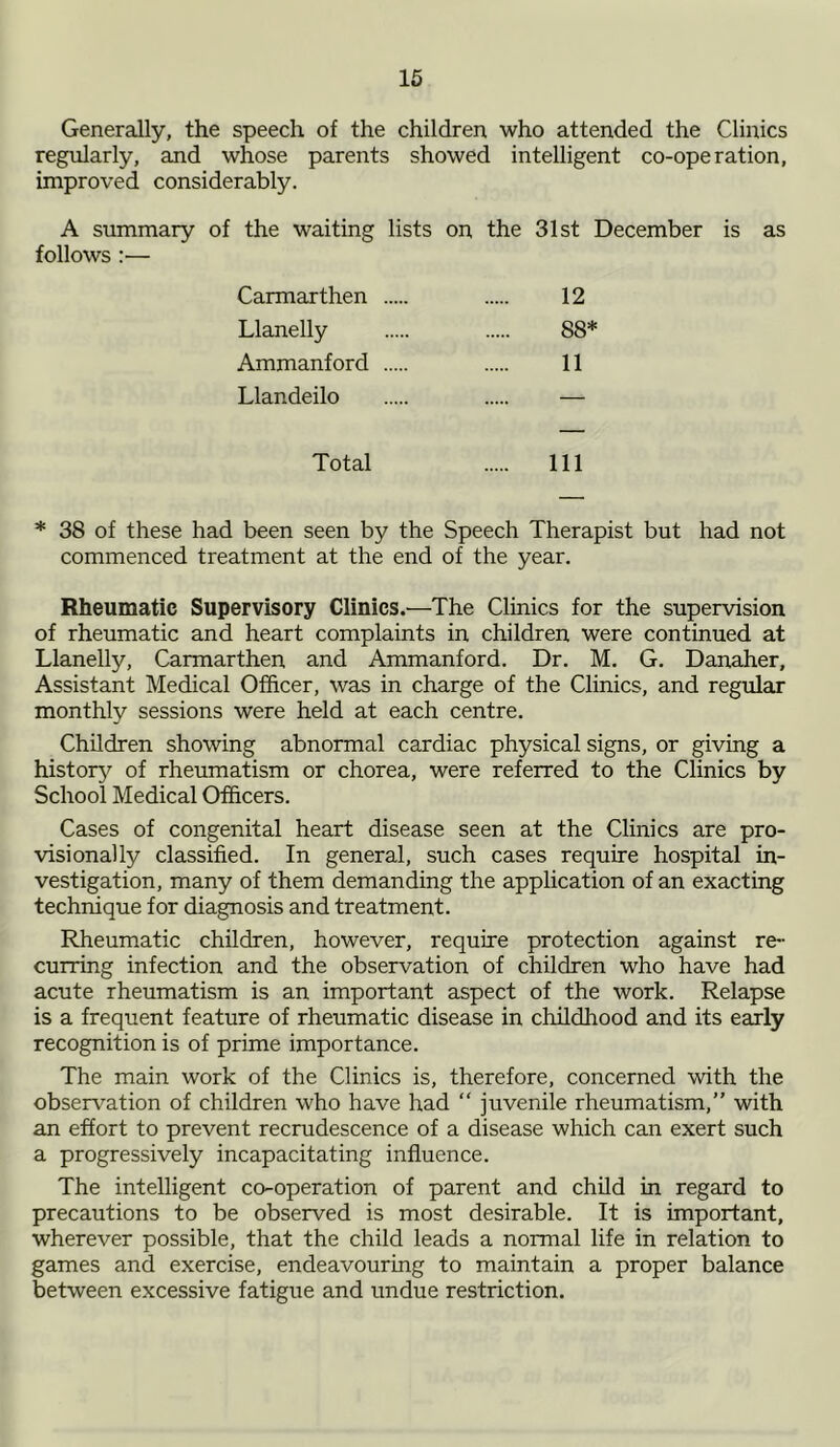 Generally, the speech of the children who attended the Clinics regularly, and whose parents showed intelligent co-operation, improved considerably. A summary of the waiting lists on the 31st December is as follows :— Carmarthen 12 Llanelly 88* Ammanford 11 Llandeilo — Total Ill * 38 of these had been seen by the Speech Therapist but had not commenced treatment at the end of the year. Rheumatic Supervisory Clinics.—The Clinics for the supervision of rheumatic and heart complaints in children were continued at Llanelly, Carmarthen and Ammanford. Dr. M. G. Danaher, Assistant Medical Officer, was in charge of the Clinics, and regular monthly sessions were held at each centre. Children showing abnormal cardiac physical signs, or giving a history of rheumatism or chorea, were referred to the Clinics by School Medical Officers. Cases of congenital heart disease seen at the Clinics are pro- visionally classified. In general, such cases require hospital in- vestigation, many of them demanding the application of an exacting technique for diagnosis and treatment. Rheumatic children, however, require protection against re- curring infection and the observation of children who have had acute rheumatism is an important aspect of the work. Relapse is a frequent feature of rheumatic disease in childhood and its early recognition is of prime importance. The main work of the Clinics is, therefore, concerned with the observation of children who have had “ juvenile rheumatism,” with an effort to prevent recrudescence of a disease which can exert such a progressively incapacitating influence. The intelligent co-operation of parent and child in regard to precautions to be observed is most desirable. It is important, wherever possible, that the child leads a normal life in relation to games and exercise, endeavouring to maintain a proper balance between excessive fatigue and undue restriction.