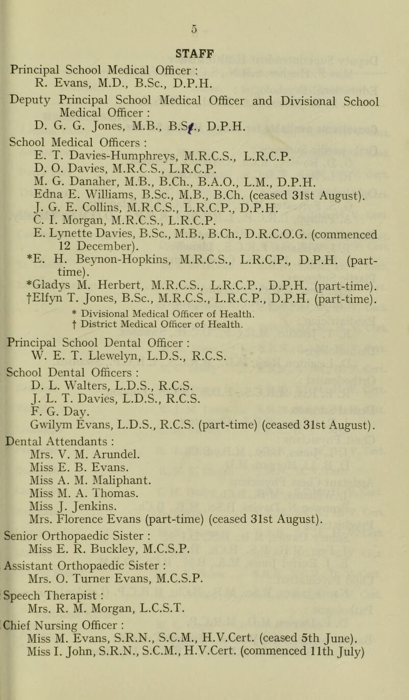 0 STAFF Principal School Medical Officer : R. Evans, M.D., B.Sc., D.P.H. Deputy Principal School Medical Officer and Divisional School Medical Officer : D. G. G. Jones, M.B., B.Sf, D.P.H. School Medical Officers : E. T. Davies-Humphreys, M.R.C.S., L.R.C.P. D. O. Davies, M.R.C.S., L.R.C.P. M. G. Danaher, M.B., B.Ch., B.A.O., L.M., D.P.H. Edna E. Williams, B.Sc., M.B., B.Ch. (ceased 31st August). J. G. E. Collins, M.R.C.S., L.R.C.P., D.P.H. C. I. Morgan, M.R.C.S., L.R.C.P. E. Lynette Davies, B.Sc., M.B., B.Ch., D.R.C.O.G. (commenced 12 December). *E. H. Beynon-Hopkins, M.R.C.S., L.R.C.P., D.P.H. (part- time). ♦Gladys M. Herbert, M.R.C.S., L.R.C.P., D.P.H. (part-time). fElfyn T. Jones, B.Sc., M.R.C.S., L.R.C.P., D.P.H. (part-time). * Divisional Medical Officer of Health, f District Medical Officer of Health. Principal School Dental Officer : W. E. T. Llewelyn, L.D.S., R.C.S. School Dental Officers : D. L. Walters, L.D.S., R.C.S. J. L. T. Davies, L.D.S., R.C.S. F. G. Day. Gwilym Evans, L.D.S., R.C.S. (part-time) (ceased 31st August). Dental Attendants : Mrs. V. M. Arundel. Miss E. B. Evans. Miss A. M. Maliphant. Miss M. A. Thomas. Miss J. Jenkins. Mrs. Florence Evans (part-time) (ceased 31st August). Senior Orthopaedic Sister : Miss E. R. Buckley, M.C.S.P. Assistant Orthopaedic Sister : Mrs. O. Turner Evans, M.C.S.P. Speech Therapist : Mrs. R. M. Morgan, L.C.S.T. Chief Nursing Officer : Miss M. Evans, S.R.N., S.C.M., H.V.Cert. (ceased 5th June). Miss I. John, S.R.N., S.C.M., H.V.Cert. (commenced 11th July)