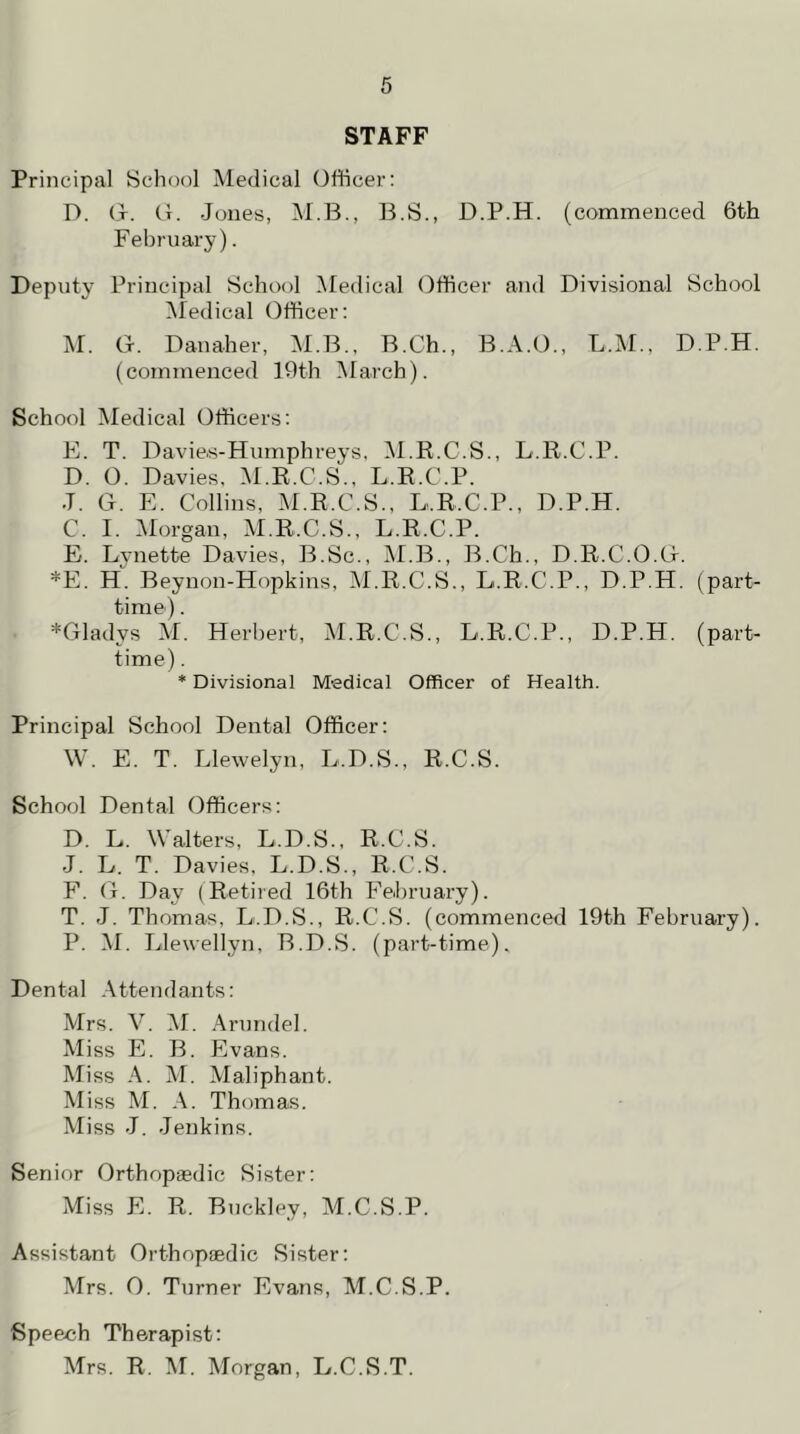 STAFF Principal School Medical Officer: D. G. G. Jones, M.B., B.S., D.P.H. (commenced 6th February). Deputy Principal School Medical Officer and Divisional School Medical Officer: M. G. Danaher, M.B., B.Ch., B.A.O., L.M., D.P.H. (commenced 19th March). School Medical Officers: E. T. Davie,s-Humphreys, M.R.C.S., L.R.C.P. D. 0. Davies, M.R.C.S., L.R.C.P. J. G. E. Collins, M.R.C.S., L.R.C.P., D.P.H. C. I. Morgan, M.R.C.S., L.R.C.P. E. Lynette Davies, B.Sc., M.B., B.Ch., D.R.C.O.G. *E. H. Beynon-Hopkins, M.R.C.S., L.R.C.P., D.P.H. (part- time) . ^Gladys M. Herbert, M.R.C.S., L.R.C.P., D.P.H. (part- time) . * Divisional Medical Officer of Health. Principal School Dental Officer: W. E. T. Llewelyn, L.D.S., R.C.S. School Dental Officers: D. L. Walters, L.D.S., R.C.S. J. L. T. Davies, L.D.S., R.C.S. F. G. Day (Retired 16th February). T. J. Thomas, L.D.S., R.C.S. (commenced 19th February). P. M. Llewellyn, B.D.S. (part-time). Dental Attendants: Mrs. V. M. Arundel. Miss E. B. Evans. Miss A. M. Maliphant. Miss M. A. Thomas. Miss J. Jenkins. Senior Orthopaedic Sister: Miss E. R. Buckley, M.C.S.P. Assistant Orthopaedic Sister: Mrs. 0. Turner Evans, M.C.S.P. Speech Therapist: Mrs. R. M. Morgan, L.C.S.T.