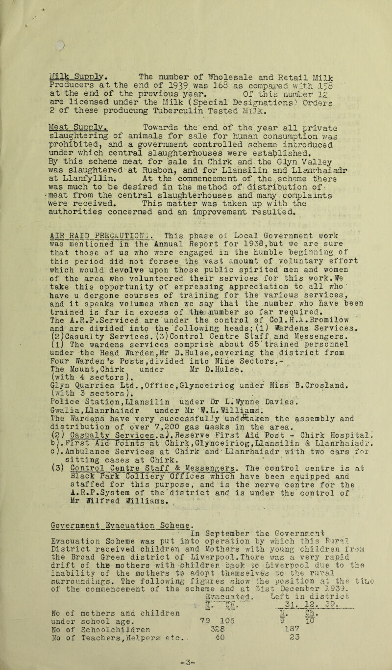 Milk Supply. The number of Wholesale and Retail Milk Producers at the end of 1939 was 168 as compared with -\*Q at the end of the previous year. Of this number 12 are licensed under the Milk (Special Designations) Orders 2 of these producung Tuberculin Tested Milk. Meat Supply. Towards the end, of the. year all private slaughtering of animals for sale for human consumption was prohibited, and a government controlled scheme introduced under which central slaughterhouses were established. By this, scheme meat for sale in Chirk and. the Glyn Valley was slaughtered at Ruabon, and for Llansilin and Llanrhaiadr at Llanfyllin. At the commencement of,the .scheme there was much to be desired in the method of■ distribution of' meat from the central slaughterhouses and many complaints were received. This matter was taken up with the authorities concerned and an improvement resulted. AIR RAID PRECAUTION!. This phase of Local Government work was mentioned in the Annual Report for 1938,but we are sure that those of us who were engaged in the humble beginning of this period did not forsee the vast amount of voluntary effort which would devolve upon those public spirited'men and women of the area who volunteered their services for this work.We take this opportunity of expressing appreciation to all who' have u dergone courses of training for the various services, and it speaks volumes when we say that the .number. who have been trained is far in excess of the. number so far required. The A.R.P.Services are under the control of Col.H.A.Bromilow and are divided' into the following heads;(1) Wardens Services. (2)Casualty Services.(3)Control Centre Staff.and Messengers. (1) The wardens services comprise about 65'trained personnel under the Head Warden,Mr D.Hulse,covering the district from Four Wardenfs Posts,divided into Wine Sectors.- The Mount,Chirk under Mr D.Hulse. (with 4 sectors)* Glyn Quarries Ltd.,Office,Glynceiriog under Miss B.Crosland. (with 3 sectors ), Police Station,Llansilin under Dr L.Wynne Davies. Gwalia,Llanrhaiadr under Mr 'W*L.Williams'. The Wardens' have very successfully undertaken, the assembly and distribution of over 7,200 gas masks in the area. (2) Casualty Services.aJ.Reserve First Aid Post - Chirk Hospital b) .First Aid Points^at Chirk,Glynceiriog,Llansilin & Llanrhaiadr c) .Ambulance Services at Chirk and-Llanrhaiadr with two cars for sitting cases at Chirk. (3) Control Centre Staff & Messengers. The control centre is at Black Park Colliery Offices which have been equipped and staffed for this purpose, and is the nerve centre for the A.R.P.System of the'district and is under the'control of Mr Wilfred Williams. Government Evacuation Scheme. In September the Government Evacuation Scheme was put into operation by which this Rural District received children and Mothers with young children from the Broad Green district of Liverpool.There was a very rapid drift of the mothers with children back to Liverpool due to the inability of the mothers to adopt themselves to the rural surroundings. The following figures show the position at the tin of the commencement of the scheme and at 31st December 1939. •Evacuated. Left in district No of mothers and children MV~ Ch. 31, M. 12. Ch. under school age. 79 105 9 To No of Schoolchildren 328 187 No of Teachers,Helpers etc.. 40 23 -3-