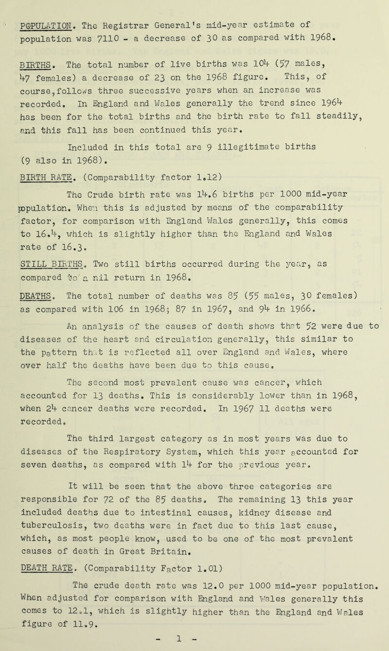 POPULATION» The Registrar General’s mid-year estimate of population was 7110 - a decrease of 30 as compared with 1968. BIRTHS, The total number of live births was 10k (57 males, h7 females) a decrease of 23 on the 1968 figure. This, of course,follows three successive years when an increase was recorded. In England and Wales generally the trend since 196k has been for the total births and the birth rate to fall steadily, and this fall has been continued this year. Included in this total are 9 illegitimate births (9 also in 1968). BIRTH RATE. (Comparability factor 1*12) The Crude birth rate was Ik.6 births per 1000 mid-year population. When this is adjusted by means of the comparability factor, for comparison with England Wales generally, this comes to l6.k, which is slightly higher than the England and Wales rate of 16*3. STILL BIRTHSo Two still births occurred during the year, as compared to''a nil return in 1968. DEATHSo The total number of deaths was 85 (55 males, 30 females) as compared with 106 in 1968; 87 in 1967, and yb in 1966. An analysis of the causes of death shows that 52 were due to diseases of the heart and circulation generally, this similar to the pattern that is reflected all over England and Wales, where over half the deaths have been due to this cause. The second most prevalent cause was cancer, which accounted for 13 deaths. This is considerably lower than in 1968, when 2b cancer deaths were recorded. In 1967 11 deaths were recorded. The third largest category as in most years was due to diseases of the Respiratory System, which this year accounted for seven deaths, as compared with lb for the previous year. It will be seen that the above three categories are responsible for 72 of the 85 deaths. The remaining 13 this year included deaths due to intestinal causes, kidney disease and tuberculosis, two deaths were in fact due to this last cause, which, as most people know, used to be one of the most prevalent causes of death in Great Britain. DEATH RATE. (Comparability Factor 1.01) The crude death rate was 12.0 per 1000 mid-year population. When adjusted for comparison with England and Wales generally this comes to 12,1, which is slightly higher than the England and Wales figure of 11.9. 1