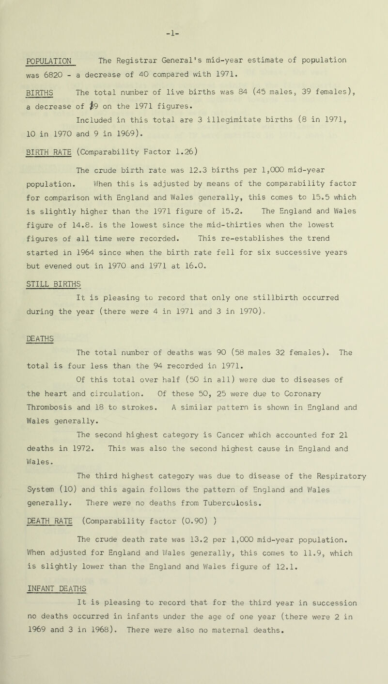 -1- POPULATION The Registrar General's mid-year estimate of population was 6820 - a decrease of 40 compared with 1971. BIRTHS The total number of live births was 84 (45 males, 39 females), a decrease of $9 on the 1971 figures. Included in this total are 3 illegimitate births (8 in 1971, 10 in 1970 and 9 in 1969). BIRTH RATE (Comparability Factor 1.26) The crude birth rate was 12.3 births per 1,000 mid-year population. When this is adjusted by means of the comparability factor for comparison with England and Wales generally, this comes to 15.5 which is slightly higher than the 1971 figure of 15.2. The England and Wales figure of 14.8. is the lowest since the mid-thirties when the lowest figures of all time were recorded. This re-establishes the trend started in 1964 since when the birth rate fell for six successive years but evened out in 1970 and 1971 at 16.0. STILL BIRTHS It is pleasing to record that only one stillbirth occurred during the year (there were 4 in 1971 and 3 in 1970). DEATHS The total number of deaths was 90 (58 males 32 females). The total is four less than the 94 recorded in 1971. Of this total over half (50 in all) were due to diseases of the heart and circulation. Of these 50, 25 were due to Coronary Thrombosis and 18 to strokes. A similar pattern is shown in England and Wales generally. The second highest category is Cancer which accounted for 21 deaths in 1972. This was also the second highest cause in England and Wales. The third highest category was due to disease of the Respiratory System (10) and this again follows the pattern of England and I/'/ales generally. There were no deaths from Tuberculosis. DEATH RATE (Comparability factor (0.90) ) The crude death rate was 13.2 per 1,000 mid-year population. When adjusted for England and Wales generally, this comes to 11.9, which is slightly lower than the England and Wales figure of 12.1. INFANT DEATHS It is pleasing to record that for the third year in succession no deaths occurred in infants under the age of one year (there were 2 in 1969 and 3 in 1968). There were also no maternal deaths.