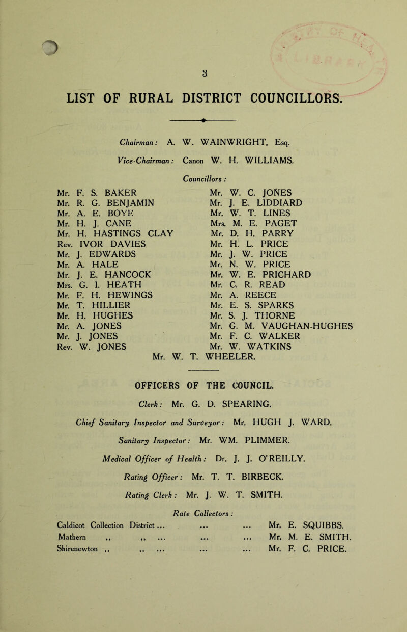 LIST OF RURAL DISTRICT COUNCILLORS Chairman: A. W. WAINWRIGHT. Esq. Vice-Chairman: Canon W. H. WILLIAMS. Councillors : Mr. F. S. BAKER Mr. R. G. BENJAMIN Mr. A. E. BOYE Mr. H. J. CANE Mr. H. HASTINGS CLAY Rev. IVOR DAVIES Mr. J. EDWARDS Mr. A. HALE Mr. J. E. HANCOCK Mrs. G. I. HEATH Mr. F. H. HEWINGS Mr. T. HILLIER Mr. H. HUGHES Mr. A. JONES Mr. J. JONES Rev. W. JONES Mr. W. T. Mr. W. C. JONES Mr. J. E. LIDDIARD Mr. W. T. LINES Mrs. M. E. PAGET Mr. D. H. PARRY Mr. H. L. PRICE Mr. J. W. PRICE Mr. N. W. PRICE Mr. W. E. PRICHARD Mr. C. R. READ Mr. A. REECE Mr. E. S. SPARKS Mr. S. J. THORNE Mr. G. M. VAUGHAN-HUGHES Mr. F. C. WALKER Mr. W. WATKINS WHEELER. OFFICERS OF THE COUNCIL. Clerk: Mr. G. D. SPEARING. Chief Sanitary Inspector and Surveyor: Mr. HUGH J. WARD. Sanitary Inspector: Mr. WM. PLIMMER. Medical Officer of Health: Dr. J. J. O’REILLY. Rating Officer: Mr. T. T. BIRBECK. Rating Clerk: Mr. J. W. T. SMITH. Rate Collectors : Caldicot Collection District... ... ... Mr. E. SQUIBBS. Mathern ... ... Mr. M. E. SMITH. Shirenewton ,, ,, ... ... ... Mr. F. C. PRICE.