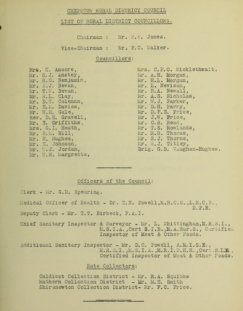 LIST OP RURAL DISTRICT CQUITOILLORS. Chairman . Mr. W.W. Jones. Vice-Chairman : Lir. P.C. Walker. Councillors s Mrs . K. Amoore, Mirs . C.P.0. Mi cklethwait, Mr. R.J. Anstey, Mir. A.H. Morgan, Mr. R.G. Benjamin. Mir. H.L. Morgan, Mr. A.J. Bevan, Mir. L. Nevison, Mr. T.W. Sevan, Mr. R.A. Newall, Mr. R.L. Clay, Mir. A.S. Nicholas, Mr. D.T. Coleman, Mir. W.J. Parker, Mir. E.M. Davies, Mr. D.H. Parry, Mir. W. H. Gal e, Mr. D.P. E. Price, Rev . D.E. Gravell, Mr. J.W. Price, Mr. S. Griffiths, Mr. C.R. Read, MIrs . G.I. Heath, Mr. T.S. Rowlands, Mr. S.M. Hill, Mr. R.R. Thomas, Mir. H. Hughes, Mr. S.J. Thorne, Mr. E. Johnson, Mr. W.J. Titley, Mir. W.J. Jordan, Bri; g. G.B. Vaughan-IIughes Mir. W.H. Margretts, Officers of the Councils Clerk - Mr. G.D. Spearing. Medical Officer of Health - Dr. E.N. Dowell,M.R.C.S.,L.R.C.P., D.P.H. Deputy Clerk - Mr. T.T. Birbeck, F'.A.I. Chief Sanitary Inspector & Surveyor - Mr. L. Whittingham,M„R.S.I., M.S,I,A.,Cert S.I.B.,M.A.Rur.S., Certifie Inspector of Meat & Other Poods. Additional Sanitary Inspector - Mr. D.C. Powell, A. M. I.S.E., M.R.S.I.,M.S.I.A.,M.R.I.P.H.H.,Cert.S.IiB. Certified Inspector of Meat & Other Poods Rate Collectors” Caldicot Collection District - Mr. R.A. Squibbs Mathern Collection District - Mr. M. E. Smith Shirenewton Collection District- Mr. P.C. Price.