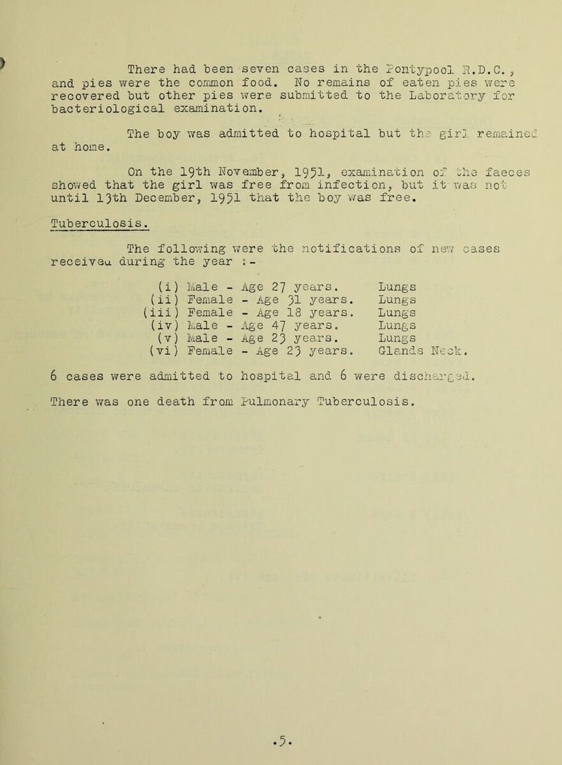 There had been seven cases in the Pontypooi It.D.C. , and pies were the common food. No remains of eaten pies were recovered hut other pies were submitted to the Laboratory for bacteriological examination. The boy was admitted to hospital but the girl remained at home. On the 19th Novembers 1951; examination of the faeces showed that the girl was free from infections but it' was not until 13th Decembers 1951 that the boy was free. Tuberculosis. The following were the notifications of new cases receiver. during the year (i) Male - Age 27 years, (ii) Female - Age 31 years, (iii) Female - Age 18 years, (iv) Male - Age 47 years. (v) Male - Age 23 years, (vi) Female - Age 23 years. Lungs Lungs Lungs Lungs Lungs Glands Neck. 6 cases were admitted to hospital and 6 were discharged. There was one death from Pulmonary Tuberculosis.