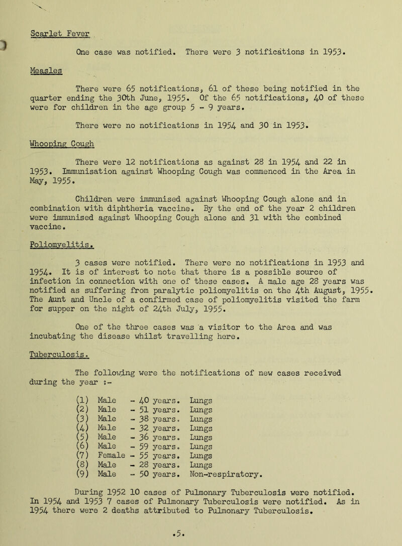 1 Scarlet Fever One case was notified. There were 3 notifications in 1953* Measles There were 65 notifications, 6l of these being notified in the quarter ending the 30th June, 1955. Of the 65 notifications, 40 of these were for children in the age group 5-9 years. There were no notifications in 1954 and 30 in 1953. Whooping Gough There were 12 notifications as against 28 in 1954 and 22 in 1953. Immunisation against Whooping Cough was commenced in the Area in May, 1955. Children were immunised against Whooping Cough alone and in combination with diphtheria vaccine. By the end of the year 2 children were immunised against Whooping Cough alone and 31 with the combined vaccine. Poliomyelitis. 3 cases were notified. There were no notifications in 1953 and 1954* It is of interest to note that there is a possible source of infection in connection with one of these cases. A male age 28 years was notified as suffering from paralytic poliomyelitis on the 4th August, 1955. The Aunt and Uncle of a confirmed case of poliomyelitis visited the farm for supper on the night of 24th July, 1955. One of the three cases was a visitor to the Area and was incubating the disease whilst travelling here. Tuberculosis . The following were the notifications of new cases received during the year s- (1) Male - 40 years. Lungs (2) Male - 51 years. Lungs (3) Male - 38 years. Lungs (4) Male - 32 years. Lungs (5) Male - 36 years. Lungs (6) Male - 59 years. Lungs (7) Female - 55 years. Lungs (8) Male - 28 years. Lungs (9) Male - 50 years. Non-respiratory During 1952 10 cases of Pulmonary Tuberci In 1954 and 1953 7 cases of Pulmonary Tuberculosis were notified. 1954 there were 2 deaths attributed to Pulmonary Tuberculosis. As in
