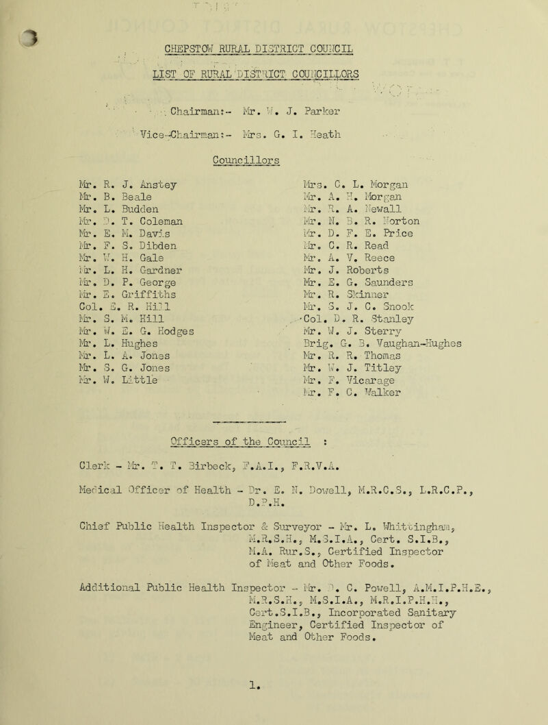 3 CHEPSTOW RURAL DISTRICT COUUCIL LIST OF RURAL:5ISTRICT COUHCILLORS ■ . Chairman Mr. W. J. Parker Vice-Chairman;- Mrs. G. I. Heath Councillors Mr. R. J. Anstey Mrs. C . L. Morgan Mr. B. Beale Mr. A. H. Morgan Mr. L. Budden Mr. R. A. Newall Mr. D. T. Coleman Mr. N. B. R. Horton Fir. E, M. Davis Mr. D. F. E. Price Mr. F. So Dibden Mr o C. R. Read Mr. W. H. Gale Mr. A. V. Reece Mr. L. H. Gardner Mr. J. Robert s Mr. D. P. George Mr. S. G. Saunders Mr. E c Griffiths Mr. R. Skinner Col . E . R. Hill Mr. 3 • J. C. Snook Mr. S. Mo Kill •Col. D . R. Stanley Mr. ¥. E. G. Hodges Mr. W. J. Sterry Mr. L. Hughes Brig. G. B. Vaughan-Kughes Mr. L. A. Jones Mr. R. R. Thomas Mr. S. G. Jones Mr. W. J. Titley Mr. w. Little Mr. F. Vicarage Mr. F. C. Walker Officers of the Council : Cle rk - Mr. T. T. Birbeck, F.A.I., F.R.V.A. Medical Officer of Health ~ Dr. E. N. Dowell, M.R.C.S., L.R.C.P., D.P.H. Chief Public Health Inspector & Surveyor - Mr. L. Whittingham, M» n. S.H•, ivi. d. I • A*, Cert. S. I . B., M.A. Rur.S., Certified Inspector of Meat and Other Foods. Additional Public Health Inspector - Mr. .’3 C. Powell, A.M.I.P.H.E., M.R.S.H., M.S.I.A., M.R.I.P.H.H., CGI*“fc o S • I.B., Incorporated Sanitary Engineer, Certified Inspector of Meat and Other Foods.