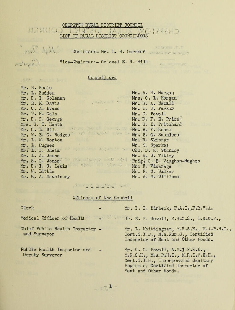 LIST' OF RURAL DISTRICT COUNCILLORS' Chairmans- Mr. L. H. Gardner Vice-Chairman?- Colonel E. R. Hill . B. Beale . L. Sudden . D. T. Coleman . E. M. Davis . C. A. Evans . ¥. H. Gale . D. P. George s. G. I. Heath . C. L. Hill . W. E. G. Hodges . L. M. Horton . L. Hughes •' L. T. Jacka . L. A. Jones . S. G. Jones . D. I. C. Lewis . W. Little . R. A. Mawhinney Councillors Mr. A. H. Morgan Mrs. C. L. Morgan Mr. R. A. Newall' Mr. ¥. J. Parker Mr. G. Powell Mr. D. F. E. Price Mr. G. E. Pritchard Mr. A. V. Reece Mr. E. G. Saunders Mr. R. Skinner Mr. S. Sparkes Col. D. R. Stanley Mr. W. J. Titley Brig. G. B. Vaughan-Hughes Mr. F. Vicarage Mr. F. C. Walker Mr. A. M. Williams Officers of the Council Clerk Mr. T. T. Birbeck, F.A.I.,F.R.V.A. Medical Officer of Health Dr. E. N. Dowell, M.R.C.S., L.R.C.P., Chief Public Health Inspector - and Surveyor Public Health Inspector and Deputy Surveyor Mr. L. Whittingham, M.R.S.H., M.A.P.H.I., Cert.S.I.B., M.A.Rur.S., Certified Inspector of Meat and Other Foods. Mr. D. C. Powell, A.M.I P.H.E., M.R.S.H., M.A.P.H.I., M.R.I.P.H.H., Cert.S.I.B., Incorporated Sanitary Engineer, Certified Inspector of Meat and Other Foods.