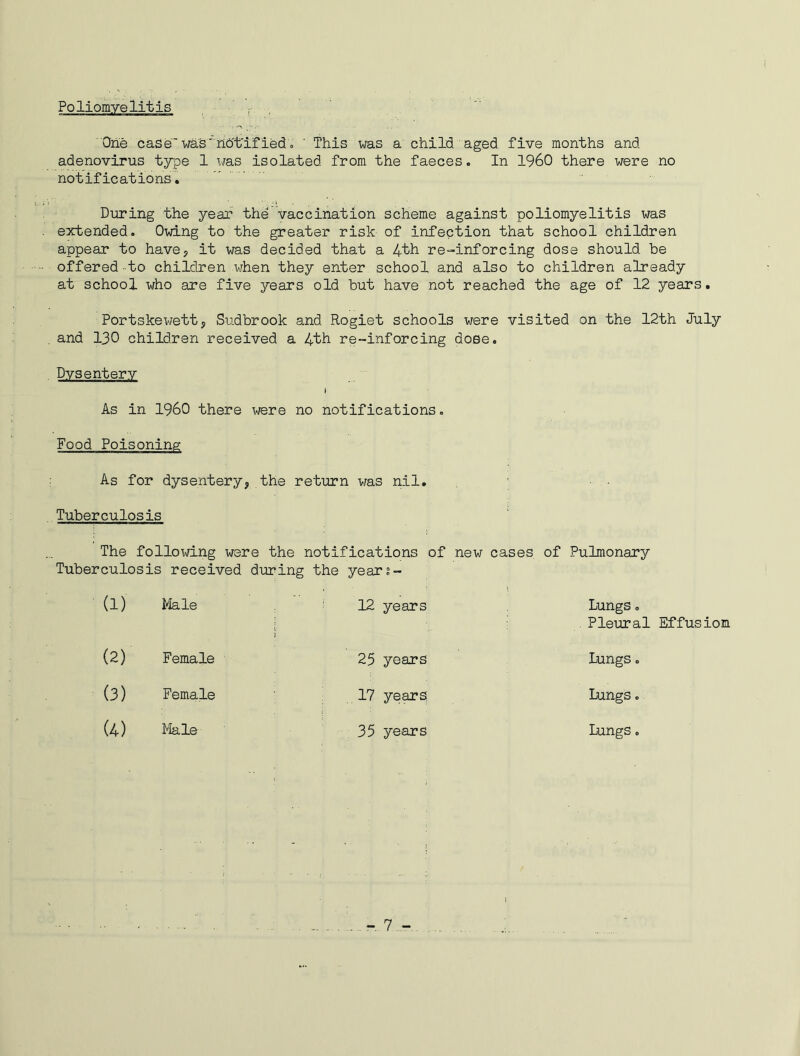 Poliomyelitis 'One case was notified „ ' This was a child aged five months and. adenovirus type 1 was isolated from the faeces. In I960 there were no notifications. During the year the vaccination scheme against poliomyelitis was extended. Owing to the greater risk of infection that school children appear to have, it was decided that a 4th re-inforcing dose should be offered-to children when they enter school and also to children already at school who are five years old but have not reached the age of 12 years. Portskewett, Sudbrook and Rogiet schools were visited on the 12th July and 130 children received a 4th re-inforcing dose. Dysentery I As in I960 there were no notifications. Food Poisoning As for dysentery, the return was nil. Tuberculosis The following were the notifications of new cases of Pulmonary Tuberculosis received during the years- (1) Male i 12 years Lungs 0 Pleural Effusiom (2) Female 25 years Lungs. (3) Female 17 years: Lungs. (4) Male 35 years Lungs.