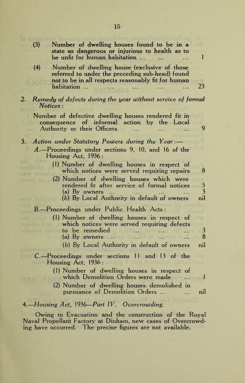 (3) Number of dwelling houses found to be in a state so dangerous or injurious to health as to be unfit for human habitation ... ... ... 1 (4) Number of dwelling house (exclusive of those referred to under the preceding sub-head) found not to be in all respects reasonably fit for human habitation ... ... ... ... ... 23 2. Remedy of defects during the year without service of formal Notices : Number of defective dwelling houses rendered fit in consequence of informal action by the Local Authority or their Officers ... ... ... 9 3. Action under Statutory Powers during the Year:— A. —Proceedings under sections 9, 10, and 16 of the Housing Act, 1936: (1) Number of dwelling houses in respect of which notices were served requiring repairs 8 (2) Number of dwelling houses which were rendered fit after service of formal notices 5 (a) By owners ... ... ... ... 3 (b) By Local Authority in default of owners nil B. —Proceedings under Public Health Acts : (1) Number of dwelling houses in respect of which notices were served requiring defects to be remedied ... ... ... 3 (а) By owners ... ... .. ... 8 (б) By Local Authority in default of owners nil C. —Proceedings under sections 1 1 and 13 of the Housing Act, 1936: (1) Number of dwelling houses in respect of which Demolition Orders were made ... 1 (2) Number of dwelling houses demolished in pursuance of Demolition Orders ... ... nil 4. —Housing Act, 1936—Part IV. Overcrowding. Owing to Evacuation and the construction of the Royal Naval Propellant Factory at Dinham, new cases of Overcrowd- ing have occurred. The precise figures are not available.