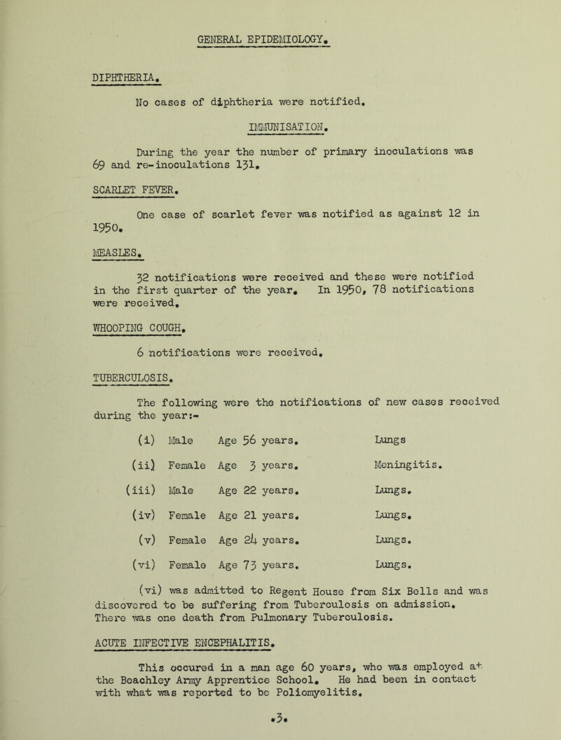 GENERAL EPIDEMIOLOGY, DIPHTHERIA, No cases of diphtheria were notified, IMMUNISATION. During the year the number of primary inoculations was 69 and re-inoculations 131, SCARLET FEVER. One case of scarlet fever was notified as against 12 in 1950. MEASLES, 32 notifications were received and these were notified in the first quarter of the year. In 1950, 78 notifications were received. WHOOPING COUGH. 6 notifications were received. TUBERCULOSIS. The following were the notifications of new cases received during the year (i) Male Age 56 years. Lungs (ii) Female Age 3 years. Meningitis (iii) Male Age 22 years. Lungs, (iv) Female Age 21 years. Lungs. (v) Female Age 2b years. Lungs. (vi) Female Age 73 years. Lungs. (vi) was admitted to Regent House from Six Bells and was discovered to be suffering from Tuberculosis on admission. There ms one death from Pulmonary Tuberculosis, ACUTE INFECTIVE ENCEPHALITIS. This occured in a man age 60 years, who ms employed a+ the Beachley Army Apprentice School. He had been in contact with what ms reported to be Poliomyelitis.