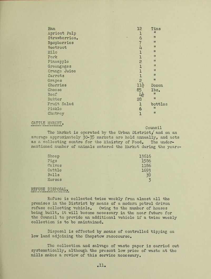 Ham 12 Tins Apricot Pulp 1 0 Strawberries, 6 n Raspberries 7 !t Beetroot h 11 Milo 1 11 Pork 1 11 Pineapple 2 11 Greengages 1 11 Orange Juice 1 11 Carrots 1 11 Grapes 2 11 Cherries ni Dozen Cheese 85 lbs. Beef ** ii Butter 28 ii Fruit Salad 1 bottles Pickle 6 ii Chutney 1 ii CATTLE MARKET. Council Tho Market is operated by the Urban District/ and on an average approximately 30-35 markets are held annually, and acts as a collecting centre for the Ministry of Food, The under- mentioned number of animals entered the Market during the year:- Sheep 13616 Pigs 1586 Calves 1186 Cattle 1693 Bulls 39 Horses 3 REFUSE DISPOSAL. Refuse is collected twice weekly from almost all the premises in the District by means of a modern petrol driven refuse collecting vehicle. Owing to the number of houses being built, it will become necessary in the near future for the Council to provide an additional vehicle if a twice weekly collection is to be maintained. Disposal is effected by means of controlled tipping on low land adjoining the Chepstow racecourse, Tho collection and salvage of waste paper is carried out systematically, although the present low price of waste at the mills makes a review of this service necessary.