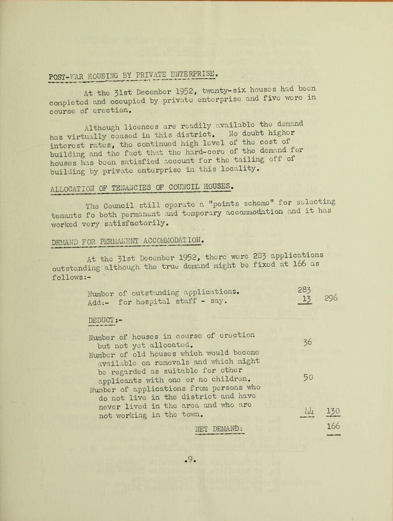 POST-?'AR PIOUS * At the 31st Decemhor 1952, twenty-six houses had been completed and occupied by private enterprise and five were in course of erection. Although licences are readily available the^demand has virtually ceased in this district. Wo doubt higher interest rates, the continued high level of the cost of building and the fact that the hard-core of the demand for houses has been so,tisfied account for the tailing off oi building by private enterprise in this locality, ALLOCATIOII OF TEWAWCIES OF COUWCIL HOUSES. The Council still operate a points scheme for selecting tenants fo both permanent and temporary accoiamodation and it has worked very satisfactorily, DUmWD FOR PBRilAWBWT ACCOPMODATIOM, At the 31st December 1952, there wore 283 applications outstanding although the true demand might bo fixed at 166 as followss- Wumber of outstanding applications, 283 Adds- for hospital staff - say. ^DUCT;- Number of houses in course of erection but not yet allocated. Number of old houses which would become available on removals and which might be regarded as suitable for other applicants with one or no children. Number of applications from persons who do not live in the district and have never lived in the area and who are not working in the tovni, i\IET DEMND; 36 50 Lh I3_q 166