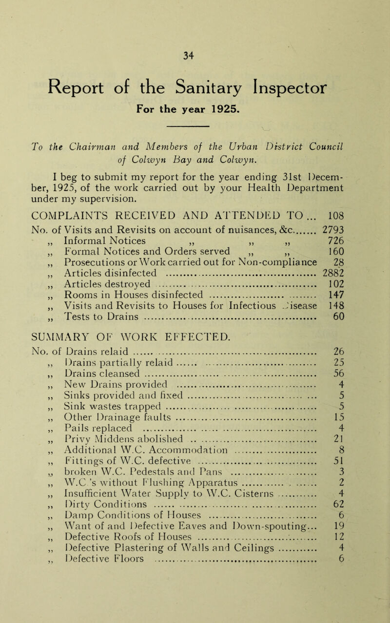 Report of the Sanitary For the year 1925. Inspector To the Chairman and Members of the Urban District Council of Colwyn Bay and Colwyn. I beg to submit my report for the year ending 31st Decem- ber, 1925, of the work carried out by your Health Department under my supervision. COMPLAINTS RECEIVED AND ATTENDED TO ... 108 No. of Visits and Revisits on account of nuisances, &c 2793 „ Informal Notices „ „ „ 726 ,, Formal Notices and Orders served ,, ,, 160 „ Prosecutions or Work carried out for Non-compliance 28 „ Articles disinfected 2882 ,, Articles destroyed 102 „ Rooms in Houses disinfected 147 „ Visits and Revisits to Houses for Infectious Disease 148 „ Tests to Drains 60 SUMMARY OF WORK EFFECTED. No. of Drains relaid 26 ,, Drains partially relaid 25 ,, Drains cleansed 56 ,, New Drains provided 4 ,, Sinks provided and fixed 5 ,, Sink wastes trapped 5 ,, Other Drainage faults 15 „ Pails replaced 4 „ Privy Middens abolished 21 ,, Additional W.C. Accommodation 8 ,, Fittings of W.C. defective 51 „ broken W.C. Pedestals and Pans 3 ,, W.C.’s without Flushing Apparatus 2 ,, Insufficient Water Supply to W.C. Cisterns 4 ,, Dirty Conditions 62 ,, Damp Conditions of Houses 6 ,, Want of and Defective Eaves and Down-spouting... 19 „ Defective Roofs of Houses 12 „ Defective Plastering of Walls and Ceilings 4 „ Defective Floors 6