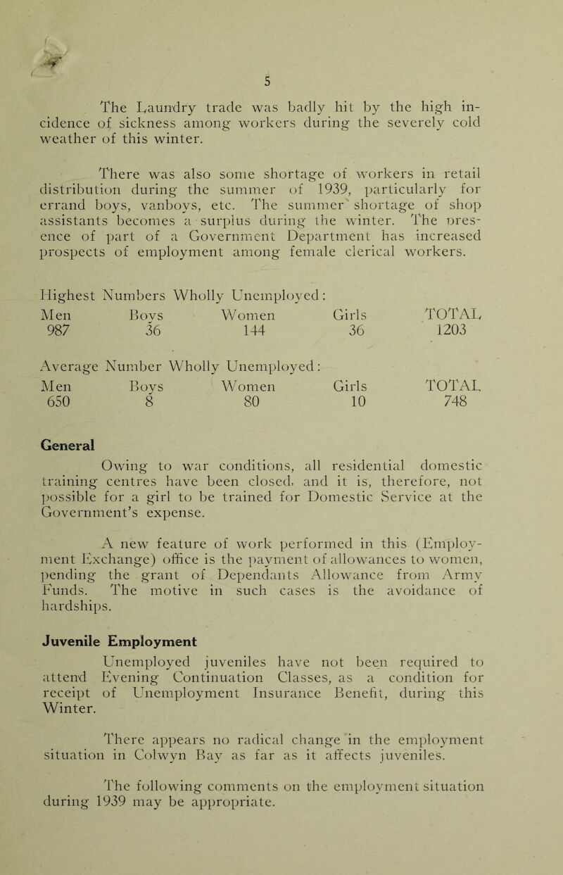 The Laundry trade was badly hit by the high in- cidence of sickness among workers during the severely cold weather of this winter. There was also some shortage of workers in retail distribution during the summer of 1939, particularly for errand boys, vanboys, etc. The summer' shortage of shop assistants becomes a surplus during the winter. The pres- ence of part of a Government Department has increased prospects of employment among female clerical workers. Highest Numbers Wholly Unemployed: Men Bovs Women Girls TOTAL 987 36 144 36 1203 Average Number Wholly Unemployed: Men Boys Women Girls TOTAL 650 8 80 10 748 General Owing to war conditions, all residential domestic training centres have been closed, and it is, therefore, not possible for a girl to be trained for Domestic Service at the Government’s expense. A new feature of work performed in this (Employ- ment Exchange) office is the payment of allowances to women, pending the grant of Dependants Allowance from Army Funds. The motive in such cases is the avoidance of hardships. Juvenile Employment Unemployed juveniles have not been required to attend Evening Continuation Classes, as a condition for receipt of Unemployment Insurance Benefit, during this Winter. There appears no radical change in the employment situation in Colwyn Bay as far as it affects juveniles. The following comments on the employment situation during 1939 may be appropriate.