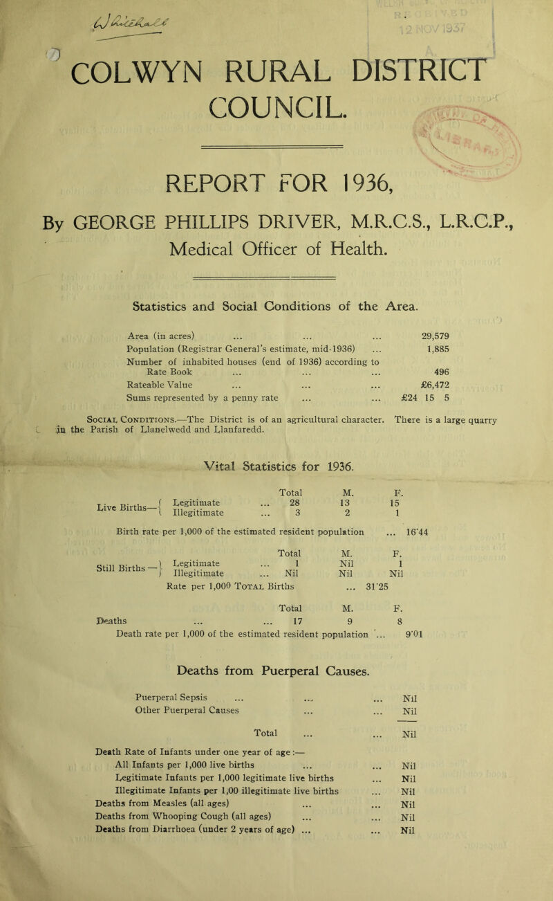 COLWYN RURAL DISTRICT COUNCIL. REPORT FOR 1936, By GEORGE PHILLIPS DRIVER, M.R.C.S, L.R.C.P. Medical Officer of Health. Statistics and Social Conditions of the Area. Area (in acres) ... ... ... 29,579 Population (Registrar General’s estimate, mid-1936) ... 1,885 Number of inhabited houses (end of 1936) according to Rate Book ... ... ... 496 Rateable Value ... ... ... £6,472 Sums represented by a penny rate ... ... £24 15 5 Social Conditions.—The District is of an agricultural character. There is a large quarry jn the Parish of Rlanelwedd and Rlanfaredd. Still Deaths Vital Statistics for 1936. Total M. F. Legitimate 28 13 15 Illegitimate 3 2 1 per 1,900 of the estimated resident population .. 16'44 Total M. F. Legitimate 1 Nil 1 Illegitimate ... Nil Nil Nil Rate per 1,000 Total Births ... 31’25 Total M. F. ... 17 9 8 : per 1,000 of the estimated resident population ... 9’0l Deaths from Puerperal Causes. Puerperal Sepsis ... ..„ ... Nil Other Puerperal Causes ... ... Nil Total ... ... Nil Death Rate of Infants under one year of age:— All Infants per 1,000 live births ... ... Nil Legitimate Infants per 1,000 legitimate live births ... Nil Illegitimate Infants per 1,00 illegitimate live births ... Nil Deaths from Measles (all ages) ... ... Nil Deaths from Whooping Cough (all ages) ... ... Nil Deaths from Diarrhoea (under 2 years of age) ... ... Nil