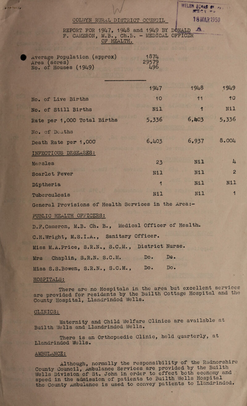 * COLV/YN RURAL DISTRICT COUNCIL 5 P -t 18 MAR 1950 REPORT FOR 1947, 1948 and 1949 BY DONALD A F. CAMERON, M.B., Ch.B. - MEDICAL OFFICER OF HEALTH. Average Population (approx) Area (acres) No. of Houses (1949) 1874 29579 496 1947 1948 1949 No. of Live Births 10 1'1 to No. of Still Births Nil. 1 Nil Rate per 1,000 Total Births 5,336 6,403 5,336 No. of Deaths Death Rate per 1 ,000 6,403 6,937 a. 004 INFECTIOUS DESEaSES: Measles 23 Nil 4 Scarlet Fever Nil Nil 2 Diptheria 1 Nil Nil Tuberculosis Nil Nil 1 General Provisions of Health Services in the Area:- PUBLIC HEaLTH OFFICERS: D.F.Cameron, M.B. Ch. B., Medical Officer 1 of Health;. C.H.Wright, M.S.I.-A., Sanitary Officer. Miss M.A.Price, S.R.N., S.C.M., District Nurse. Mrs Chaplin, S.R.N. S.C.M. Do. Do. Miss S.S.Bowen, S.R.N., S.C.M., Do. Do. HOSPITALS: There are no Hospitals in the area but excellent services are provided for residents by the Builth Cottage Hospital and the County Hospital, Llandrindod Wells. CLINICS: Maternity and Child Welfare Clinics are available at Builth Wells and Llandrindod Wells. There is an Orthopaedic Clinic, held quarterly, at Llandrindod Wells. AMBULANCE: I Although, normally the responsibility of the Radnorshire County Council, Ambulance Services are provided by the Builth Wells Division of St. John in order to effect both economy and speed in the admission of patients to Builth Wells Hospital the County Ambulance is used to convey patients to Llandrindod.