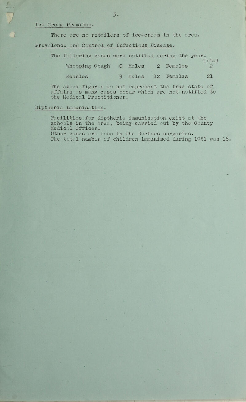 5- Ice Cream Premises. There are no retailers of ice-cream in the area. Prevalence and Control of Infectious Disease. The following cases were notified during the year. Total Whooping Cough 0 Males 2 Females 2 Measles 9 Males 12 Females 21 bo\e figures do not represent th ,e true state of affairs as many cases occur which are not notified to the Medical Practitioner. Diptheria Immunisation. Facilities for diptheria immunisation exist at the schools in the area, being carried out by the County Medical Officer. Other cases are done in the Doctors surgeries. The total number of children immunised during 1951 was 16.