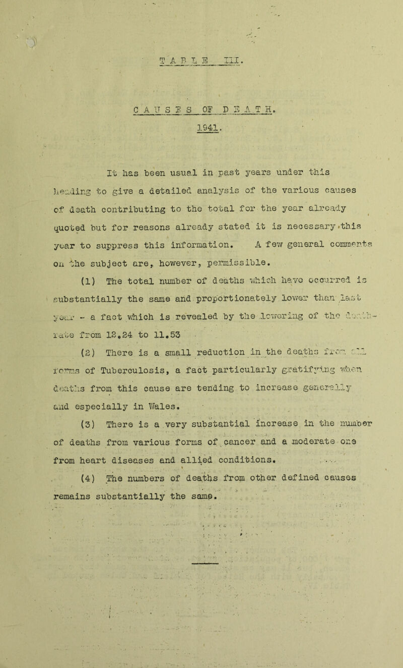 TJ^LE III. C A IT S E S OF P E A.T H, 1941. It lias been usual in past years under this }.i.eadins to give a detailed analysis of the various causes of death contributing to the total for the year already quoted but for reasons already stated it is necessary .this year to suppress this information. A few general comraents on the subject are^ however, permissible, (1) The total number of deaths which havo occurred is ' substantially the same and proportionately lower them last year - a fact which is revealed by the .lowering of the d',vvlh-“ rate from 12,24. to 11,53 (2) There is a small reduction in the deaths frcu. cH j;orm.s of Tuberculosis, a fact particularly gratifying tfo.en deaths from this cause are tending to increase generally and especially in V/ales. (3) There is a.very substantial increase in the number of deaths from various forms of .cancer and a moderate one from heart diseases and allied conditions, ; ♦ (4) The numbers of deaths from other defined causes remains substantially the samp. '