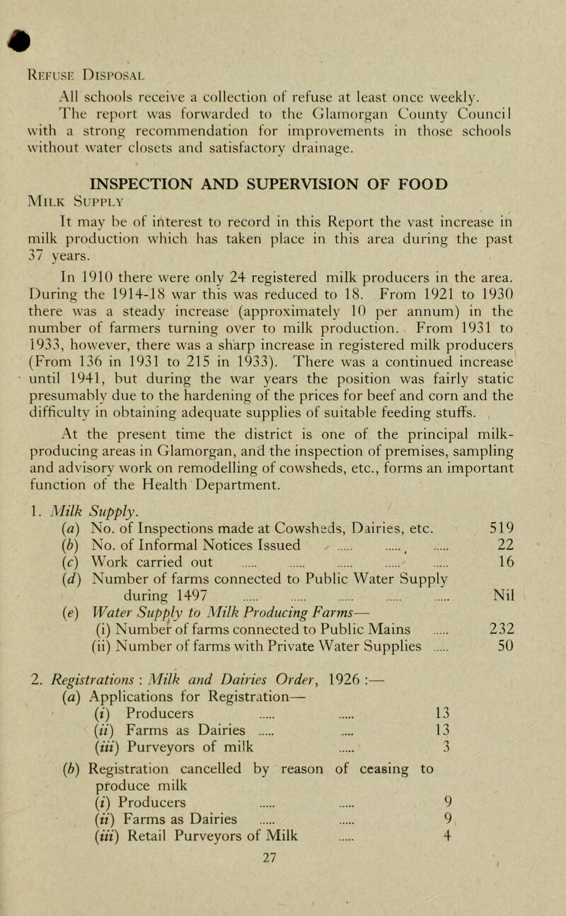 Rnr-usn Disposal All schools receive a collection of refuse at least once weekly. The report was forwarded to the (Glamorgan County Council with a strong recommendation for improvements in those schools without water closets and satisfactory drainage. INSPECTION AND SUPERVISION OF FOOD Milk Supply It may he of interest to record in this Report the vast increase in milk production which has taken place in this area during the past 37 years. In 1910 there were only 24 registered milk producers in the area. During the 1914-18 war this was reduced to 18. From 1921 to 1930 there was a steady increase (approximately 10 per annum) in the number of farmers turning over to milk production. From 1931 to 1933, however, there was a sharp increase in registered milk producers (From 136 in 1931 to 215 in 1933). There was a continued increase until 1941, but during the war years the position was fairly static presumably due to the hardening of the prices for beef and corn and the difficulty in obtaining adequate supplies of suitable feeding stuffs. At the present time the district is one of the principal milk- producing areas in Glamorgan, and the inspection of premises, sampling and advisory work on remodelling of cowsheds, etc., forms an important function of the Health Department. 1. Milk Supply. (a) No. of Inspections made at Cowsheds, Dairies, etc. 519 (b) No. of Informal Notices Issued _ 22 (c) Work carried out 16 (d) Number of farms connected to Public Water Supply during 1497 Nil (e) Water Supply to Milk Producing Farms— (i) Number of farms connected to Public Mains 232 fii) Number of farms with Private Water Supplies 50 2. Registrations ; Milk and Dairies Order, 1926 :— {a) Applications for Registration—- (i) Producers 13 (iV) Farms as Dairies .... 13 (m) Purveyors of milk 3 {b) Registration cancelled by reason of ceasing to produce milk (i) Producers 9 (ii) Farms as Dairies 9 (Hi) Retail Purveyors of Milk 4 27 I