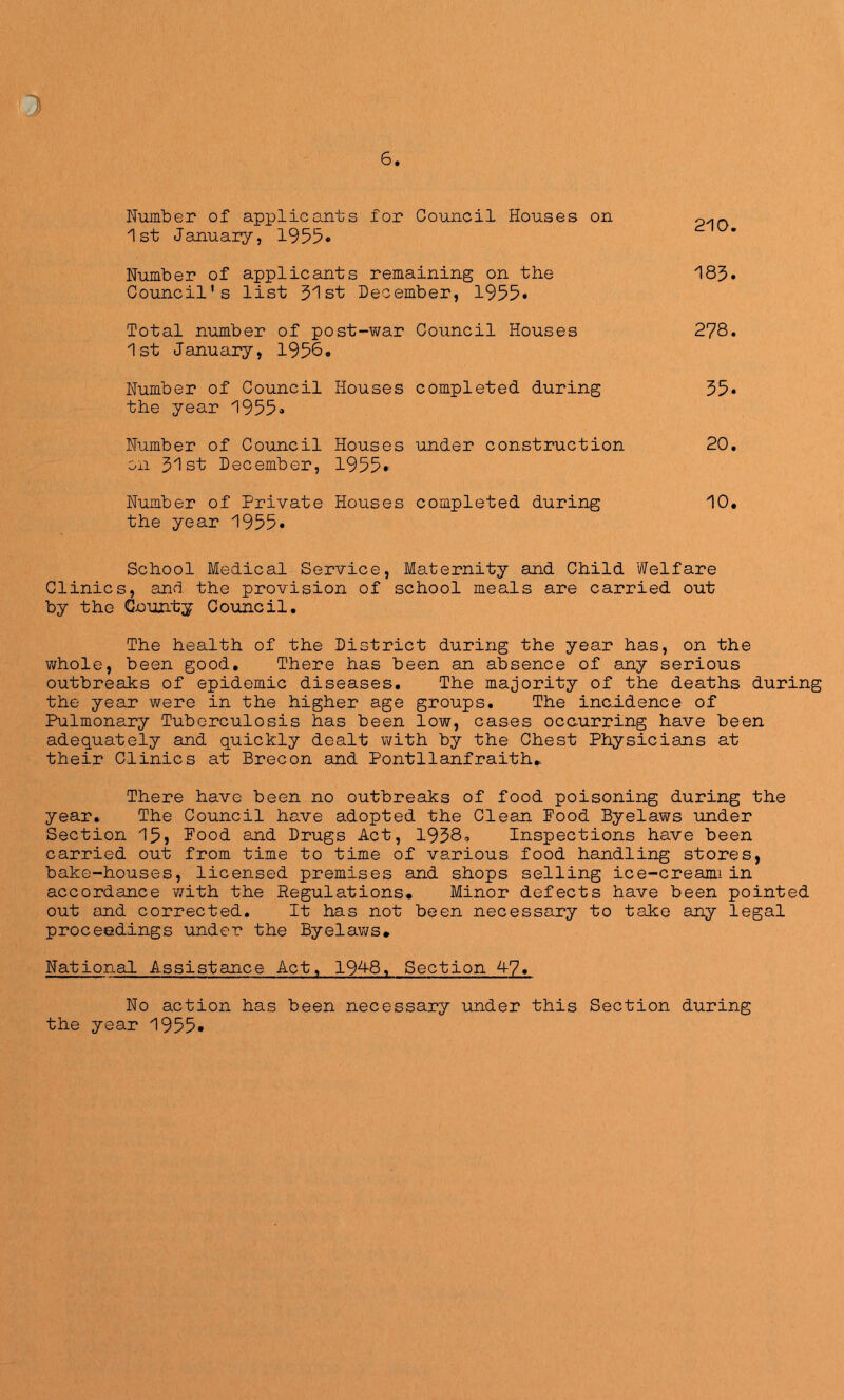 6, Number of applicants for Council Houses on 1st January, 1955« Number of applicants remaining on the 185. Council’s list 51st December, 1955* Total number of post-v^ar Council Houses 278. 1st January, 1956. Number of Council Houses completed during 55* the year 1955» Number of Council Houses under construction 20, Oil 51st December, 1955» Number of Private Houses completed during 10. the year 1955. School Medical Service, Maternity and Child Welfare Clinics, and the provision of school meals are carried out by the Gnunty Council. The health of the District during the year has, on the whole, been good. There has been an absence of any serious outbreaks of epidemic diseases. The majority of the deaths during the year were in the higher age groups. The incidence of Pulmonary Tuberculosis has been low, cases occurring have been adequately and quickly dealt with by the Chest Physicians at their Clinics at Brecon and Pontllanfraith* There have been no outbreaks of food poisoning during the year. The Council have adopted the Clean Pood Byelaws under Section 15» Pood and Drugs Act, 1938, Inspections have been carried out from time to time of various food handling stores, bake-houses, licensed premises and shops selling ice-creann in accordance with the Regulations, Minor defects have been pointed out and corrected. It has not been necessary to take any legal proceedings under the Byelav/s, National Assistance Act, 19^8, Section 47, No action has been necessary under this Section during the year 1955*