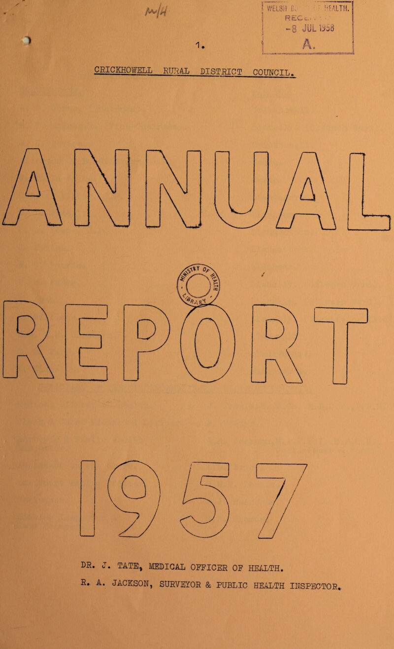 CRICKHOWELL RURAL DISTRICT COUNCIL* DR. J. TATE:, MEDICAL OFFICER OF HEALTH. R. A. JACKSON, SURVEYOR & PUBLIC HEALTH INSPECTOR*.