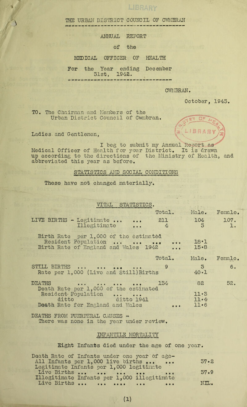 THE URBAL'I DISTRICT COUNCIL OF CmiBRM ANNUAL REPORT of the raiCAL OFFICER OF HEALTH For the Year ending December 31st, 19<ta. CWHBRAN. October, 1943, TO. The Chairman and Members of the Urban District Council of Cwmbran. Ladies, and G-entlemen, I beg to submit my Annual Report,as' Medical Officer of Health for your District, It is drawn up according to the directions of the Ministry of Health, abbreviated this year as before. and STATISTICS AND SOCIAL CONDITIONS These have not changed materially. VIT/IL STATISTICS. Total. Male. Female, LIVE BIRTHS - Legitimate ... ... 211 Illegitimate ... 4 104 3 107. 1. Birth Rate per 1,000 of the estimated Resident Population’ .,,, ,,, ... Birth Rate of England and tJales 1942 ,., 18*1 15*8 Total, Male, Female, STILL BIRTHS ... ... 9 Rate per 1,000 (Live and Still)Births 3 40.1 6. DiLATHS ... ... ... .., lo4 Death Rate per 1,000 of the estimated Resident- Population ditto ditto 1941 82 11*5 11*4- 52. Doath Rato for England and Walos ... 11»6 DEATHS FROM FUERPSRjVL CAUSES - There was none in the year under review, INFANTILE MORTALITY Eight Infants died under the sage of one year. Death Rato of Infants under one year of ago- All Infants per 1,000 live births ••• 57*2 Legitimate Infants per 1,000 legitimate Live Births ,,, 37.9 Illegitimate Infants per 1,000 illegitimate Lxvo Births ... ... ,,,. ... NIL•